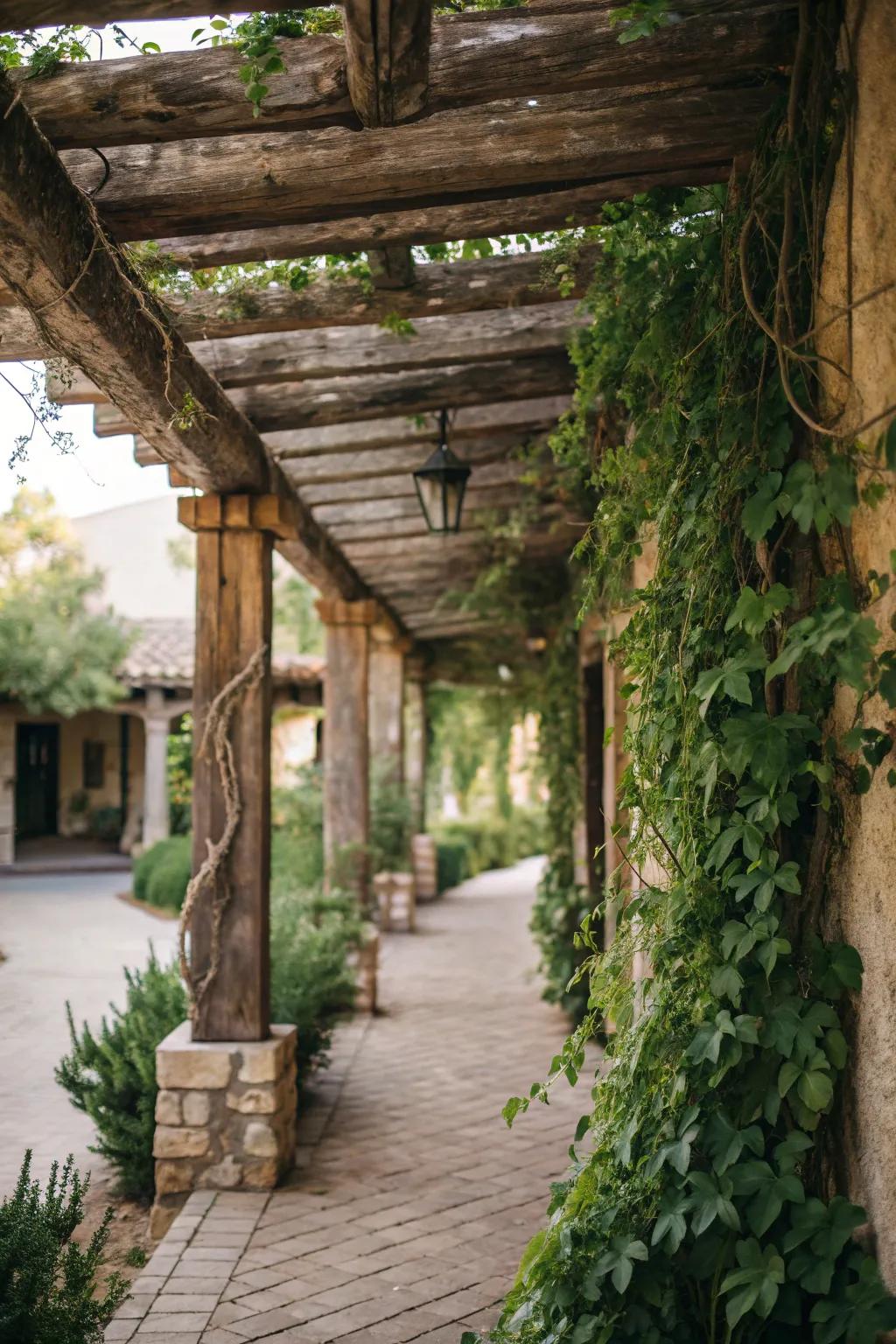 Rustic wood beams that impart warmth and charm to the breezeway.