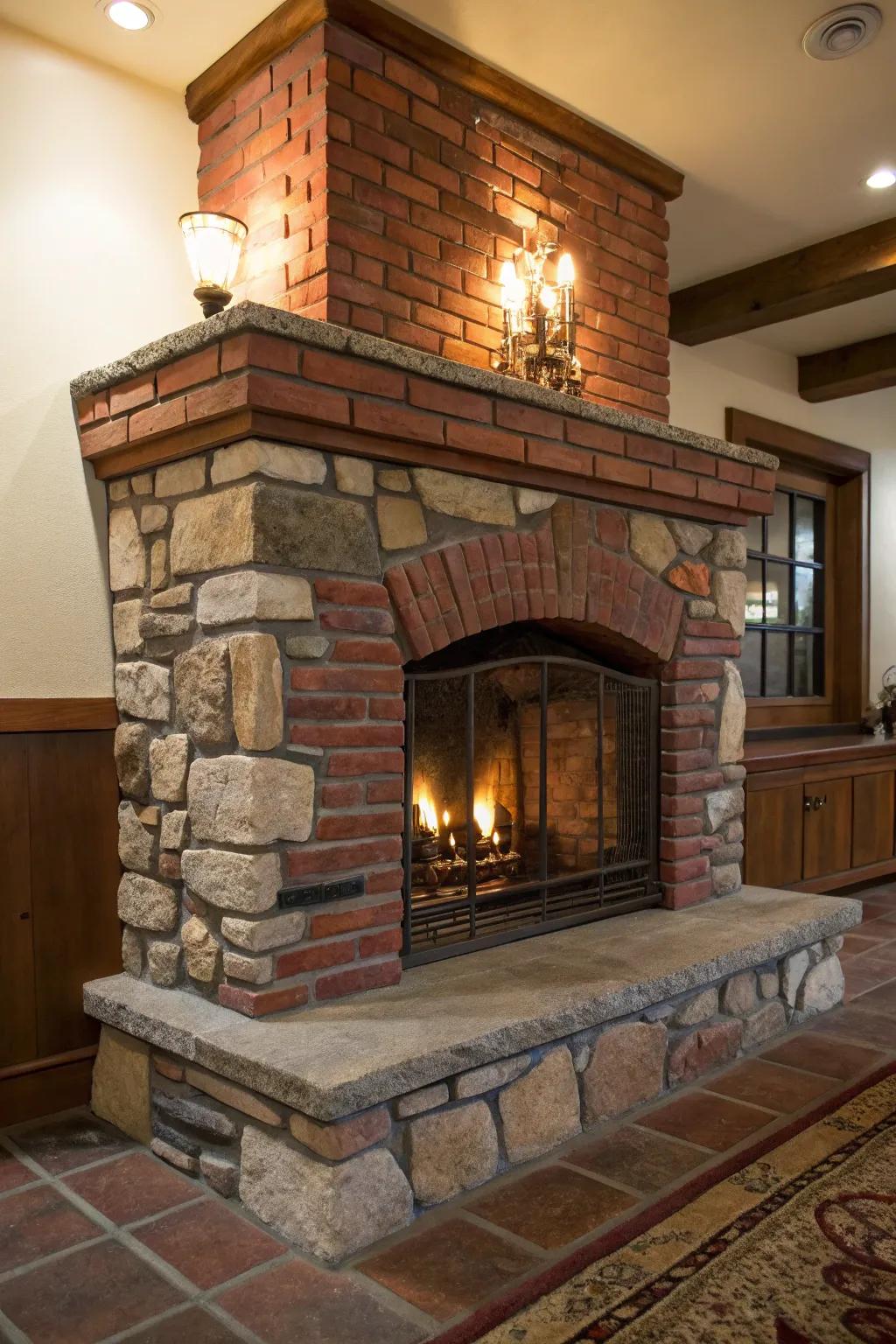 A hearth featuring a mix of brick and rock, presenting a distinctive textured appeal.