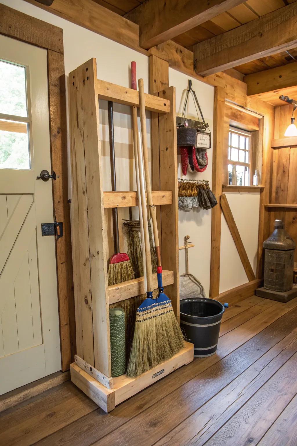 Hand-built wooden racks contribute a personal element to your storage.
