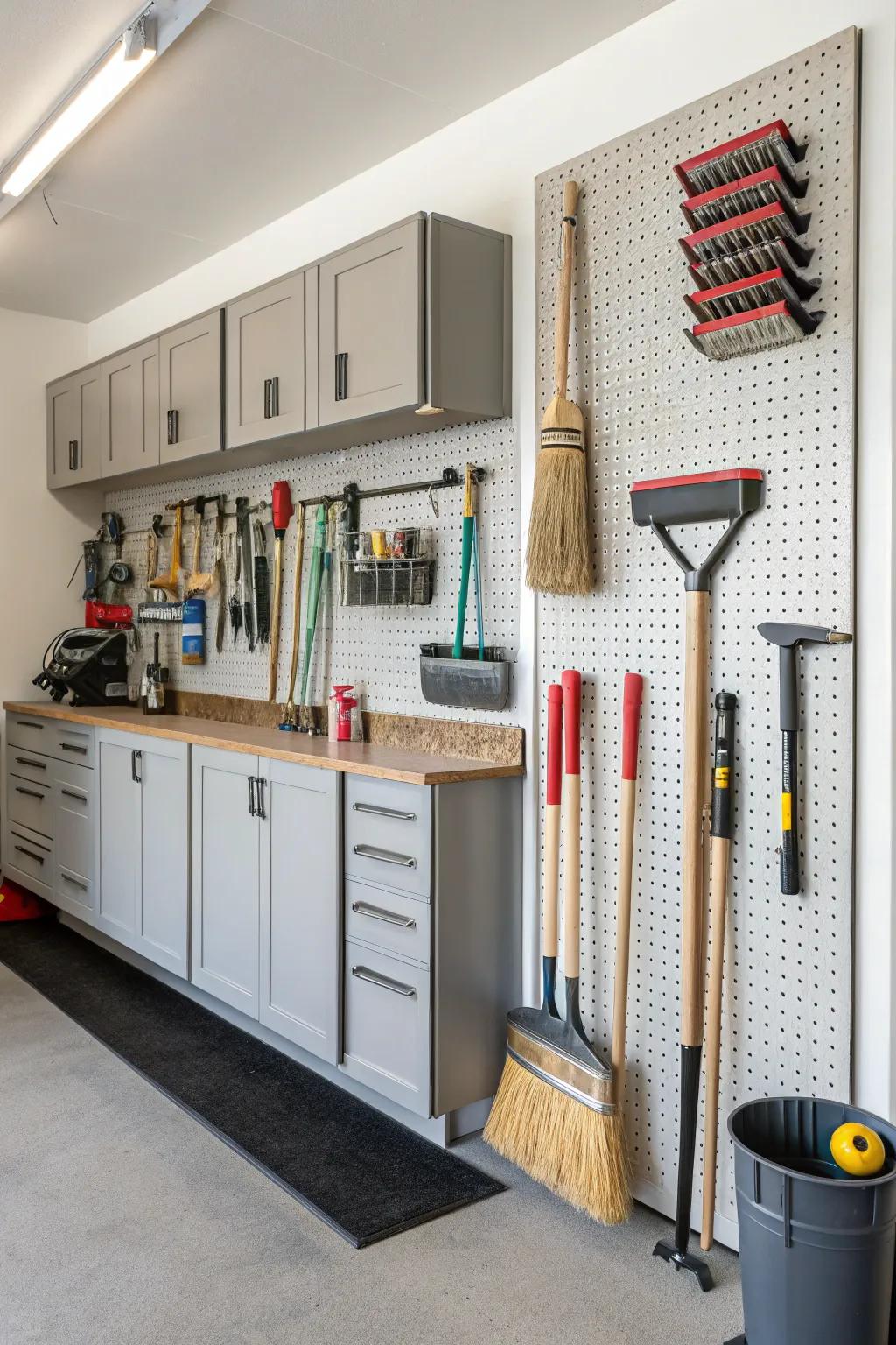 Optimizing garage space with pegboard setups.