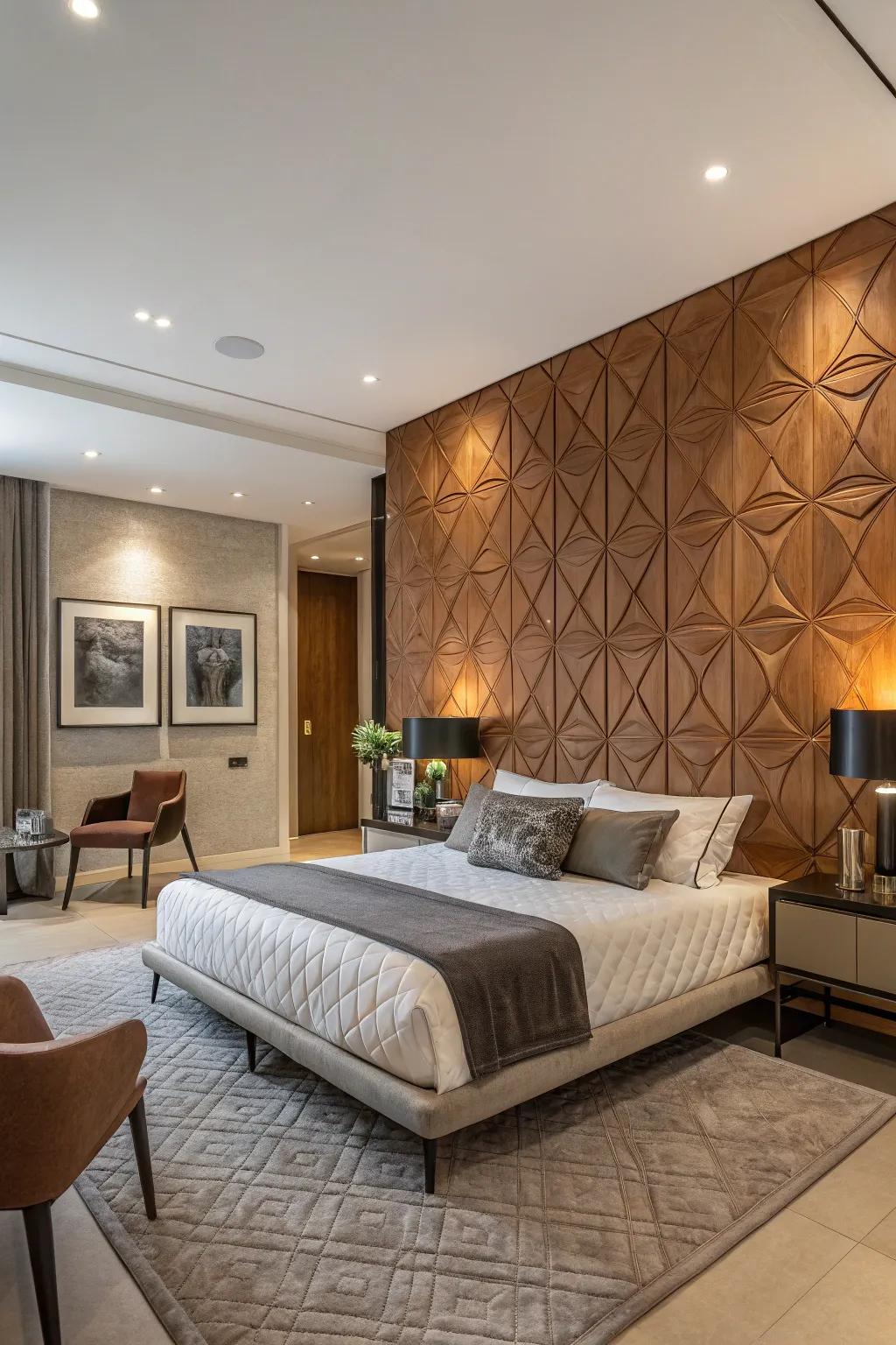 A textured highlighted wall includes dimension and intrigue.