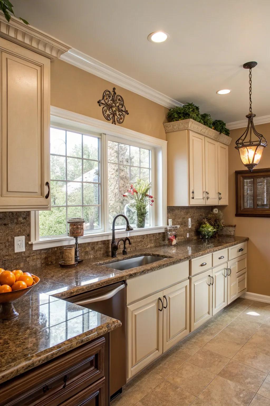 Fawn walls offer a timeless balance with brown granite.