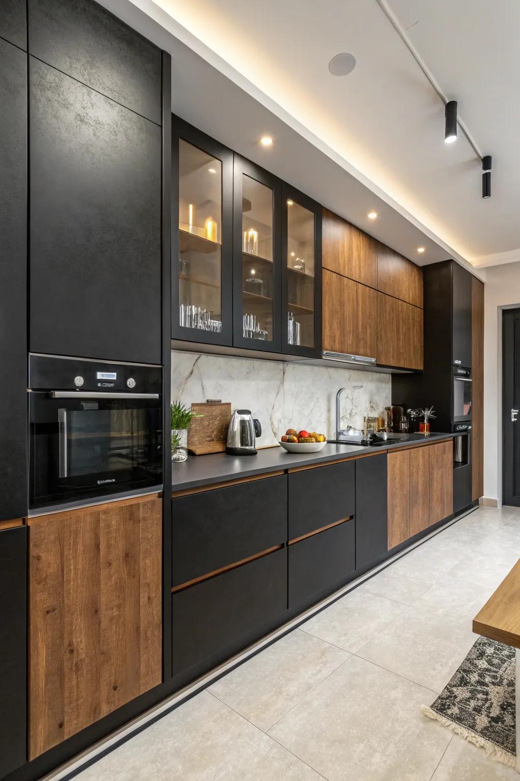 Make a declaration with black and brown cabinetry.