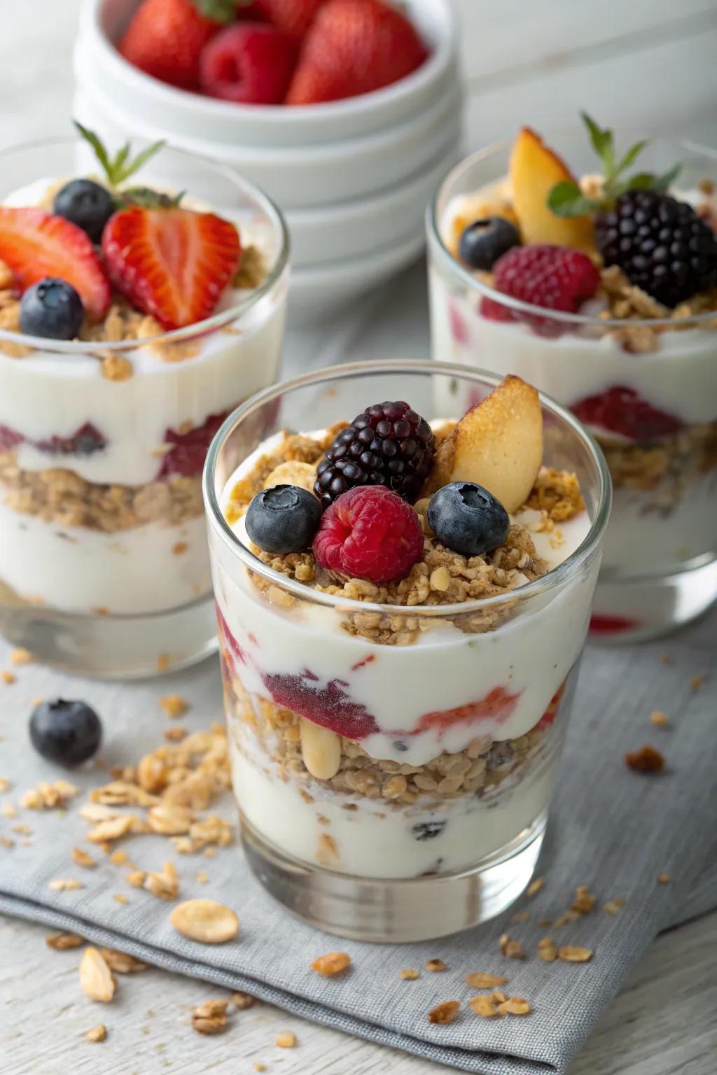 Wholesome creamy delight and crunchy treat parfaits for visual appeal.