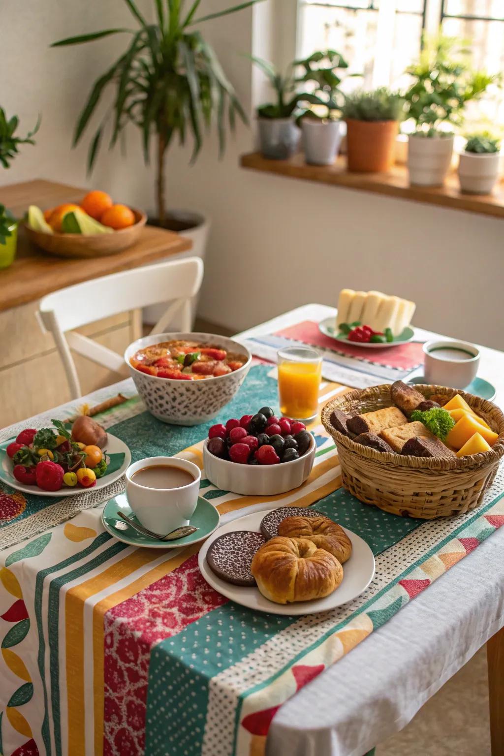 Lively table covers introduce a cheerful tone to your brunch.