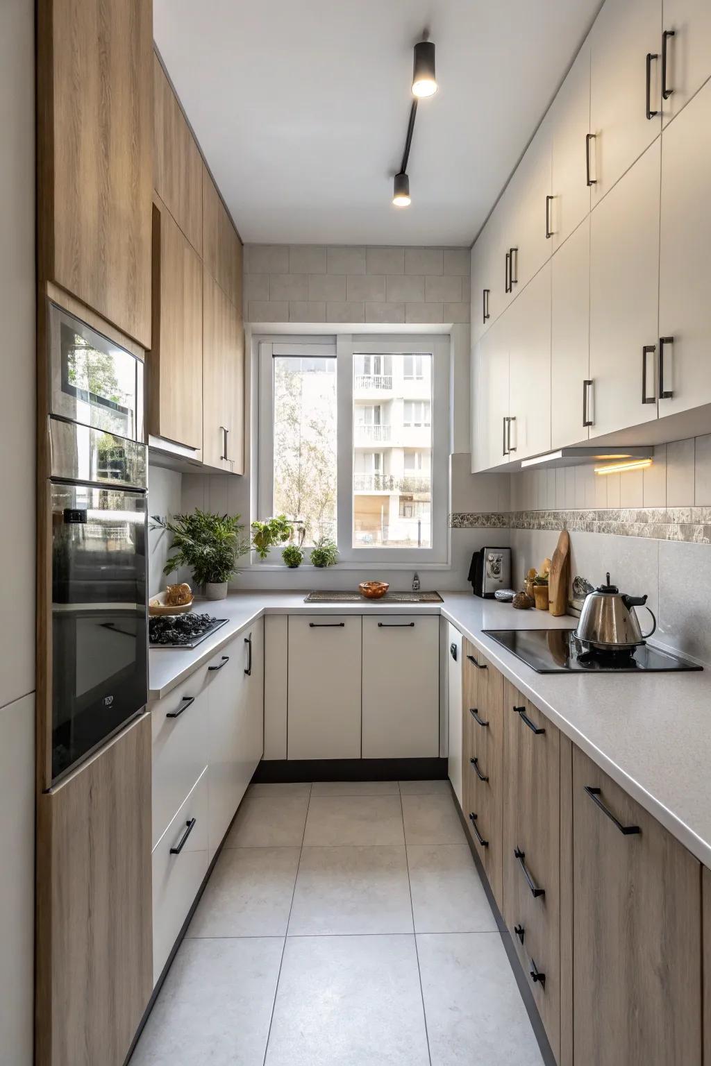 Contrasting units contribute a stylish edge to a small cooking area.