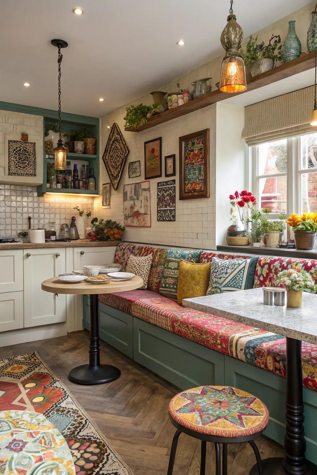 A creative blend of textures and patterns for a unique kitchen space.