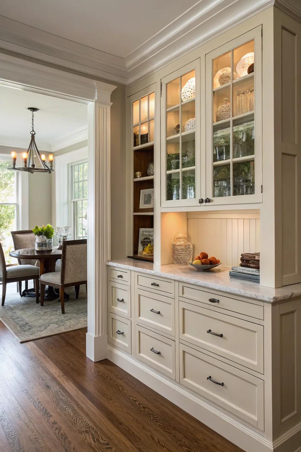 Built-in cabinets nestled in an alcove, effectively utilizing corner space.
