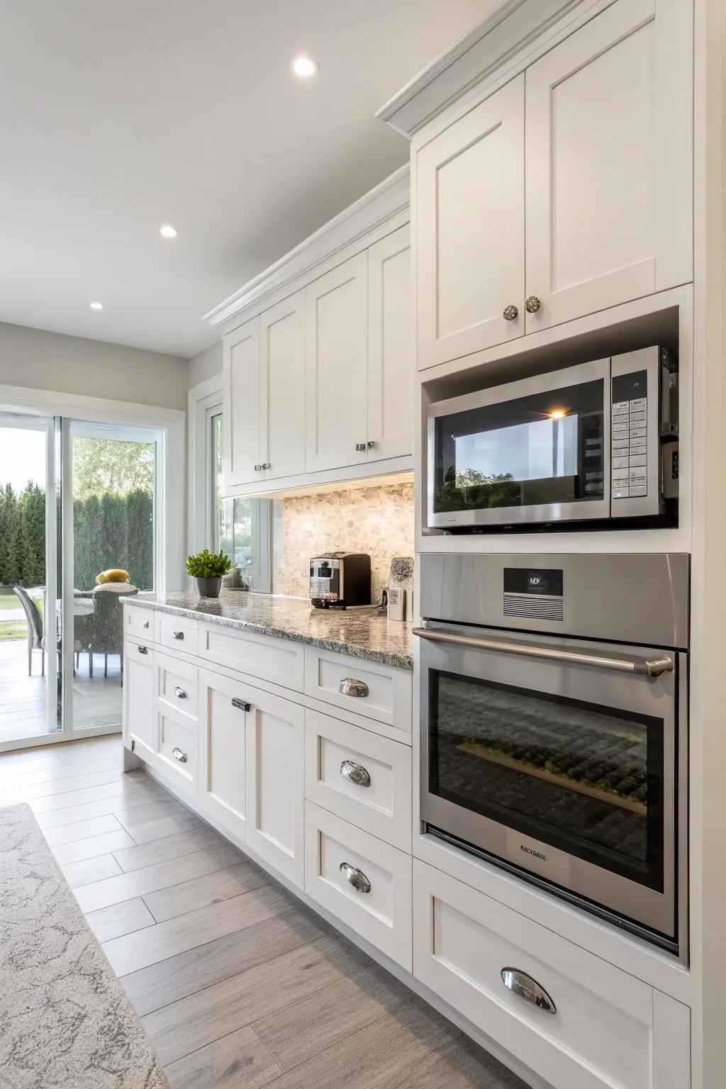 Modern kitchen featuring a pull-out cabinet for the microwave.