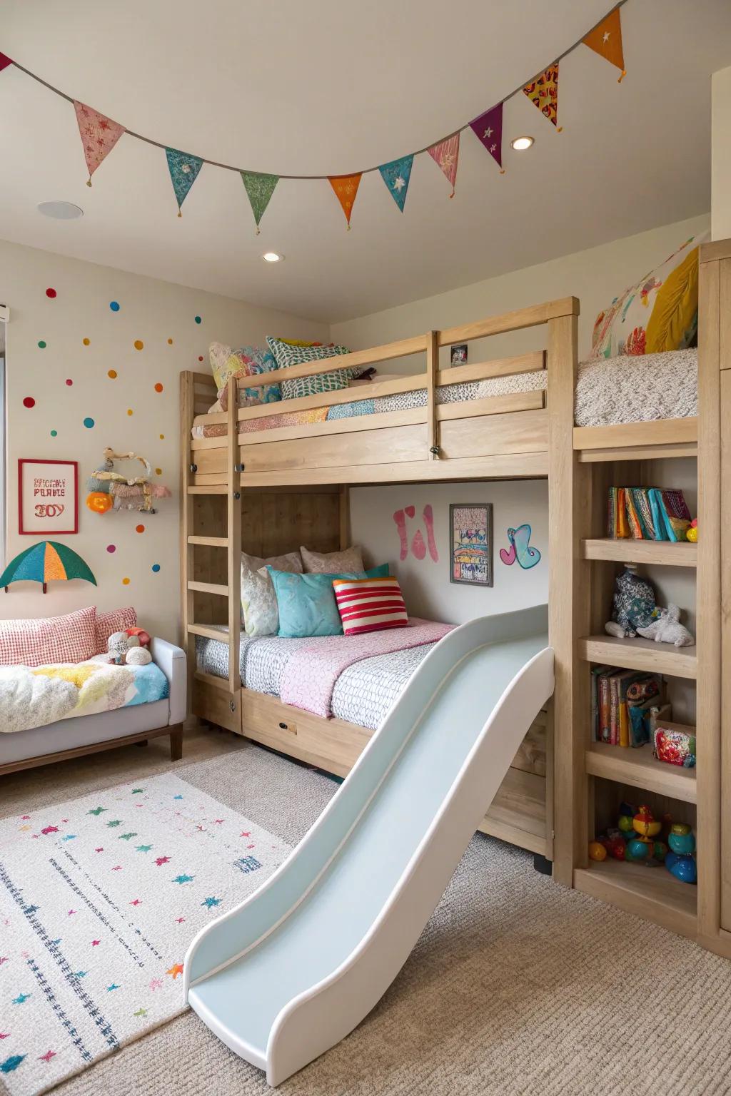Add a joyful slide for a fun and whimsical bedroom feature.
