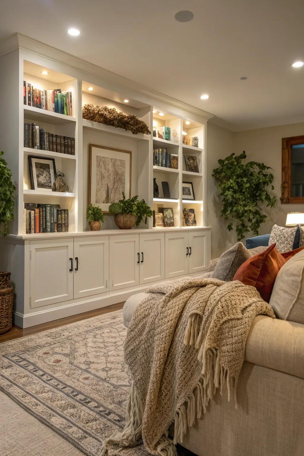 Soft furnishings and ambient lights elevate the warmth of the space.
