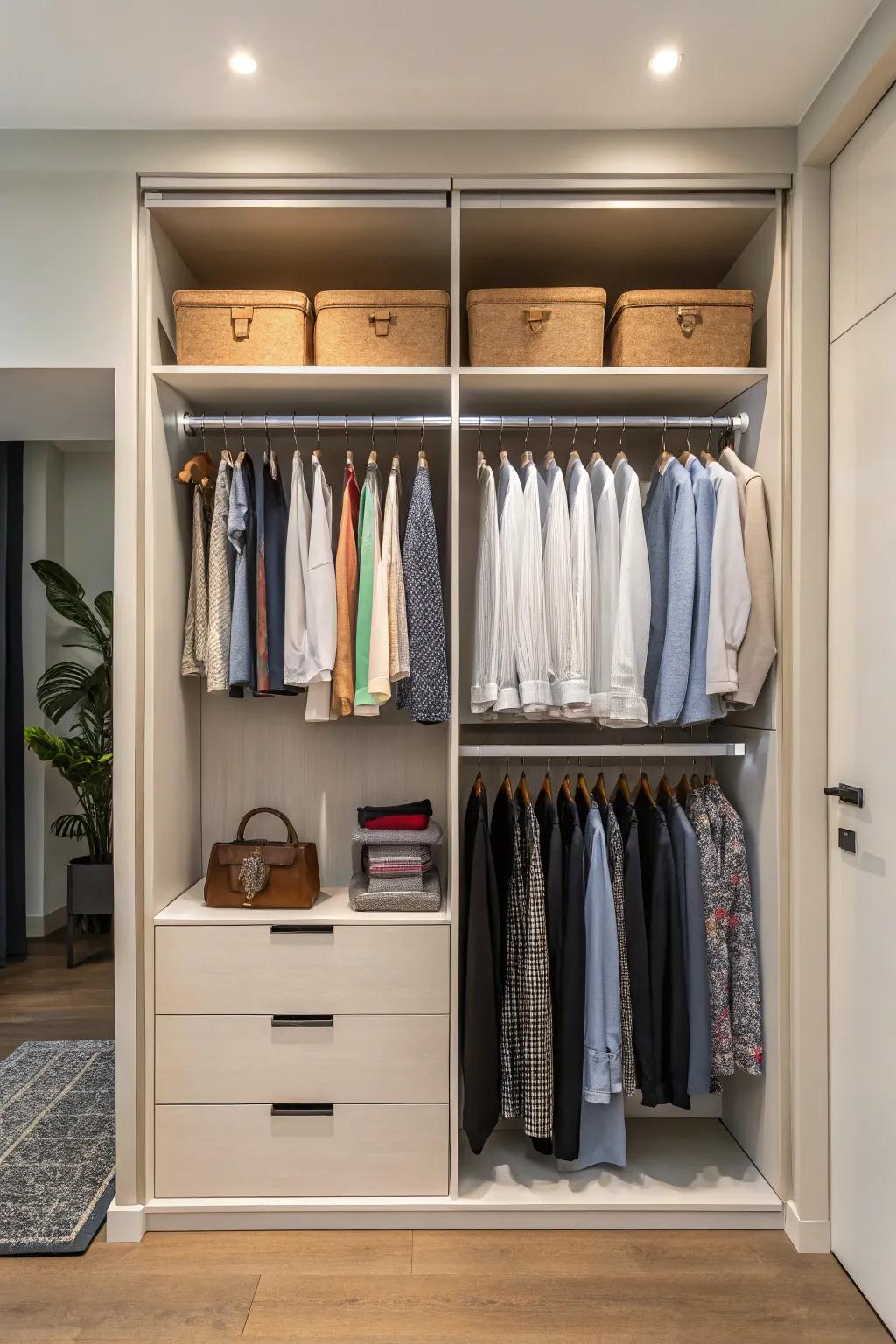 Dual hanging rails optimize vertical storage potential within wardrobes.
