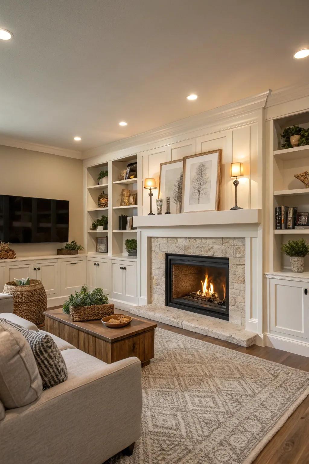 Soft tones offer a serene and timeless fireplace backdrop.