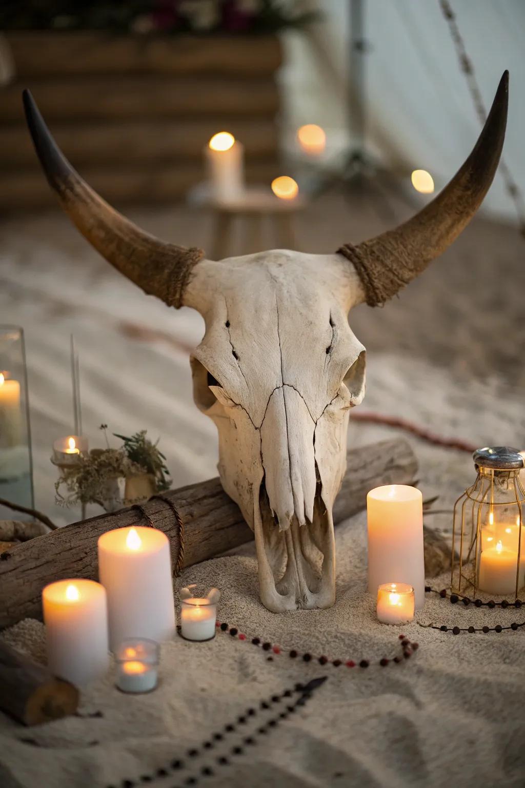 Comfortable ambiance with candles surrounding a cattle skull.