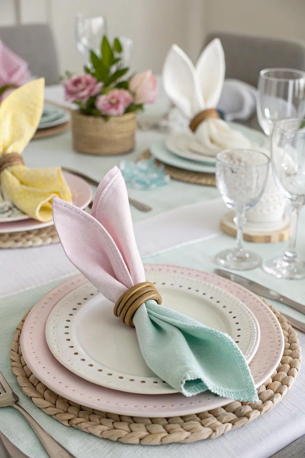 Whimsical bunny auricle napkin adornments introduce charm to the table.