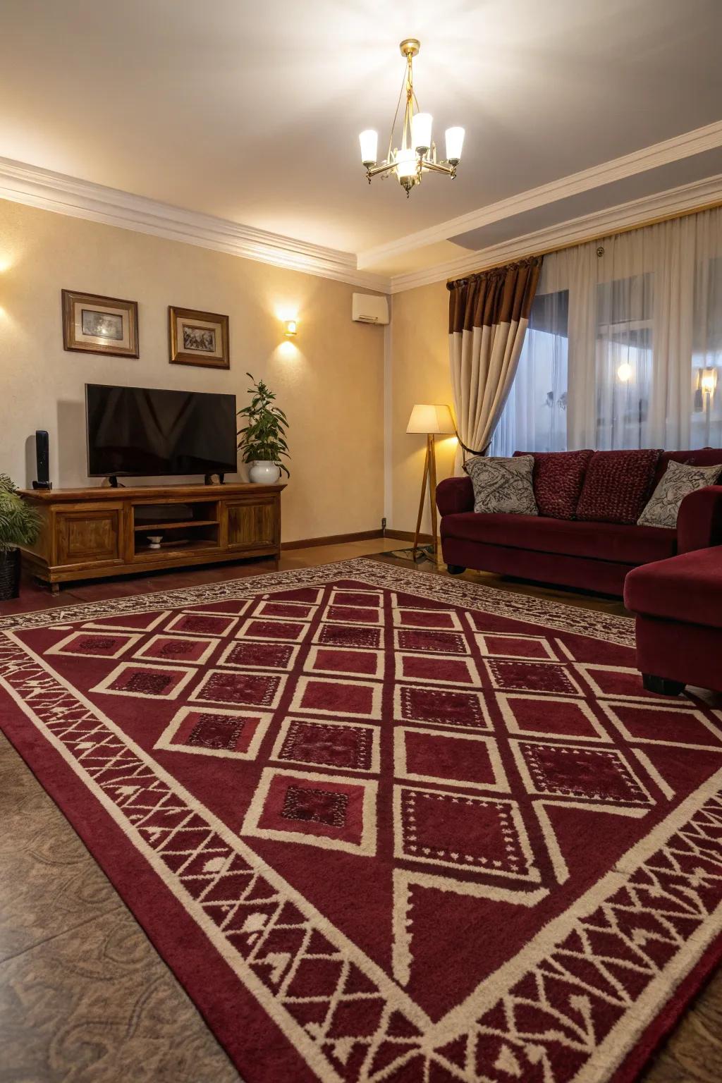 Layering carpets with patterns injects dimension and visual intrigue to the claret floor covering.