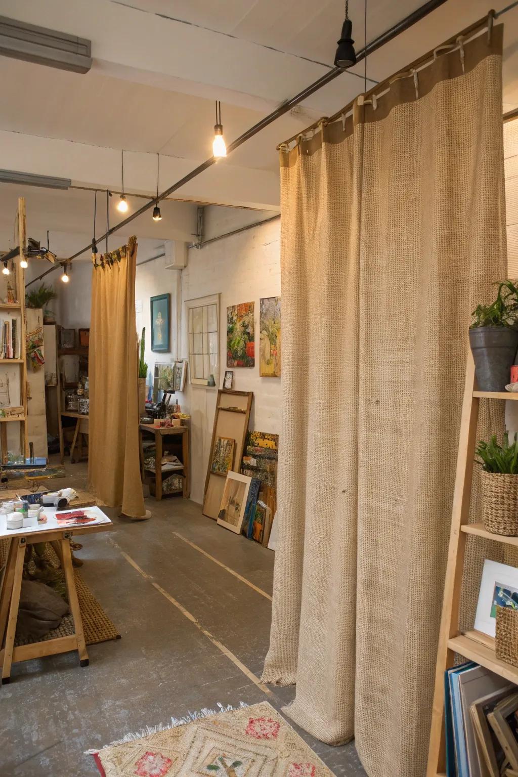 Sackcloth drapes creatively used as room dividers.