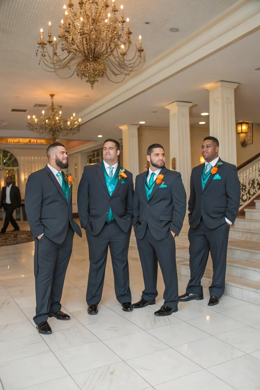 Groomsmen looking polished in ocean and sunset hues.