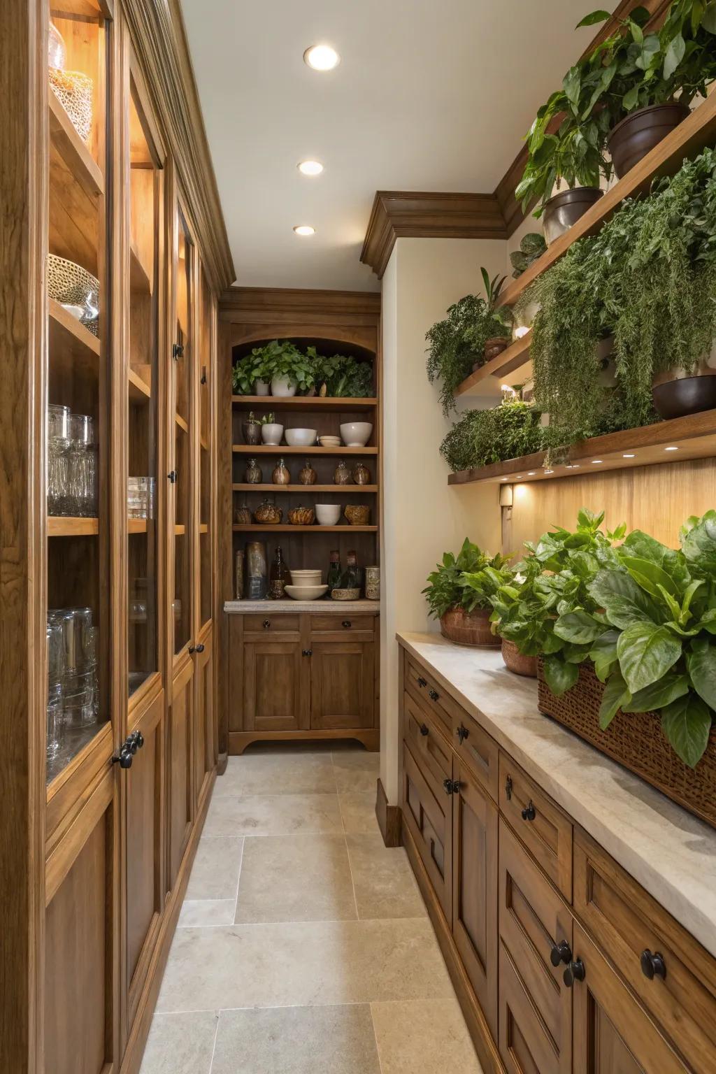 A welcoming butler's pantry featuring wood accents and lush botanicals.