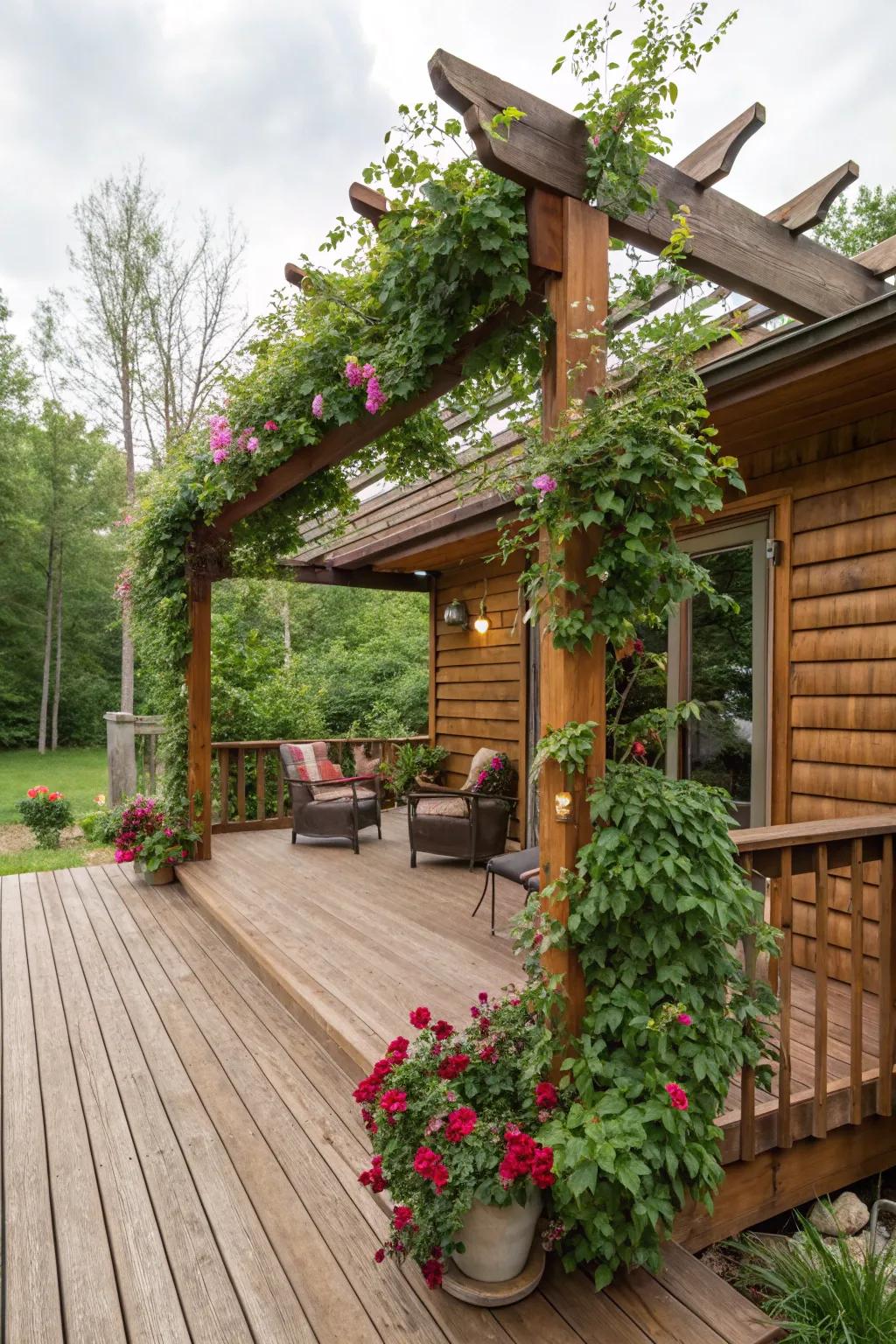 An arbor that adds shade and beauty to the deck.