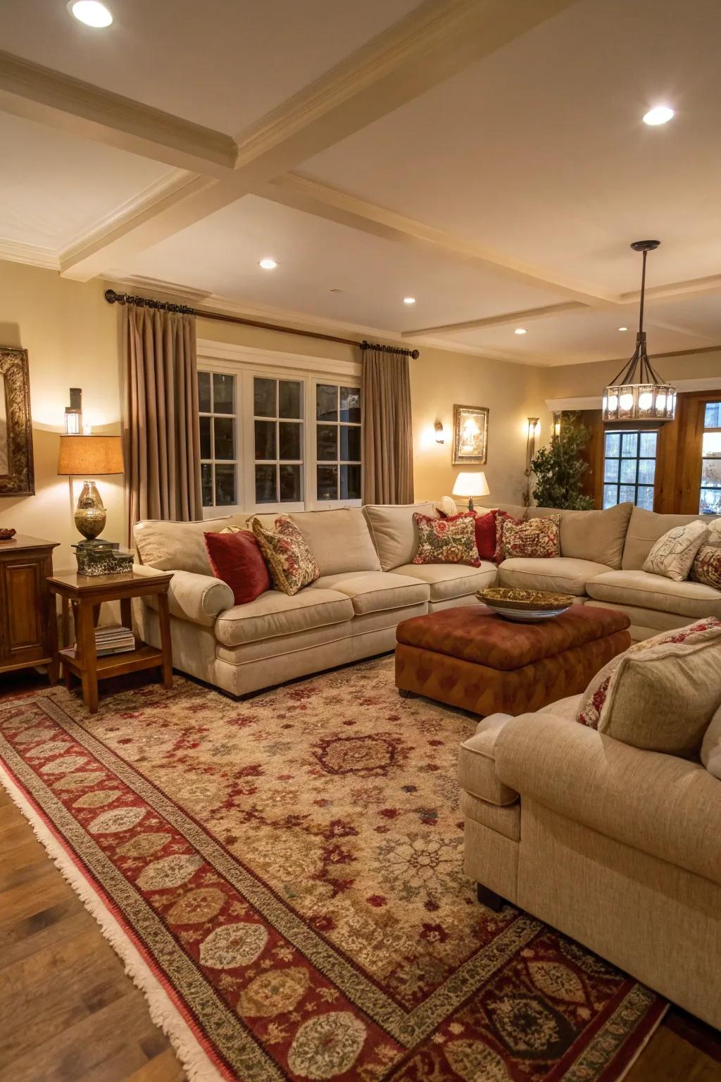Comfortable furniture beckons relaxation and coziness within a cabin-inspired environment.