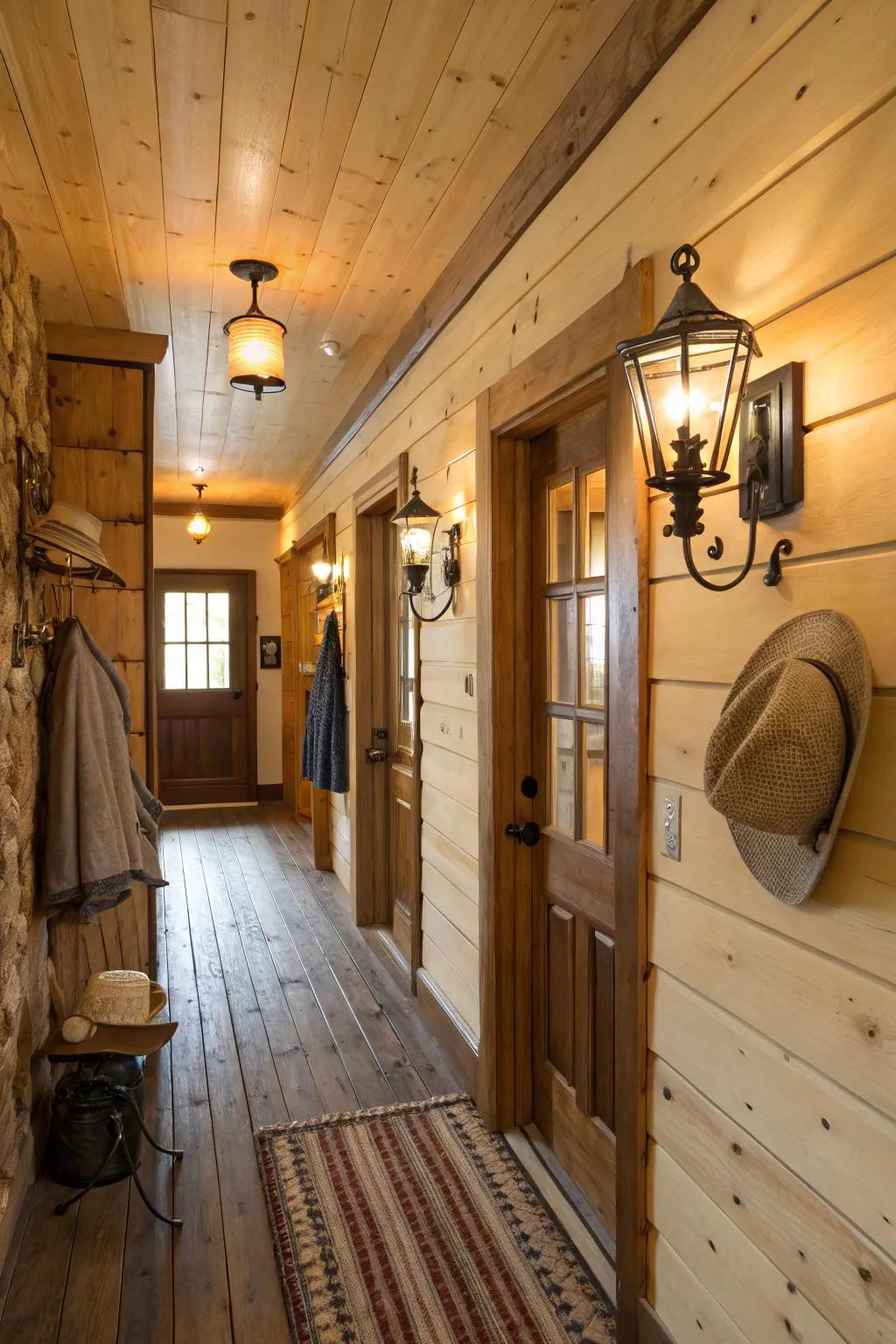 Alluring wall lights delivering accent lighting in a cabin hallway.