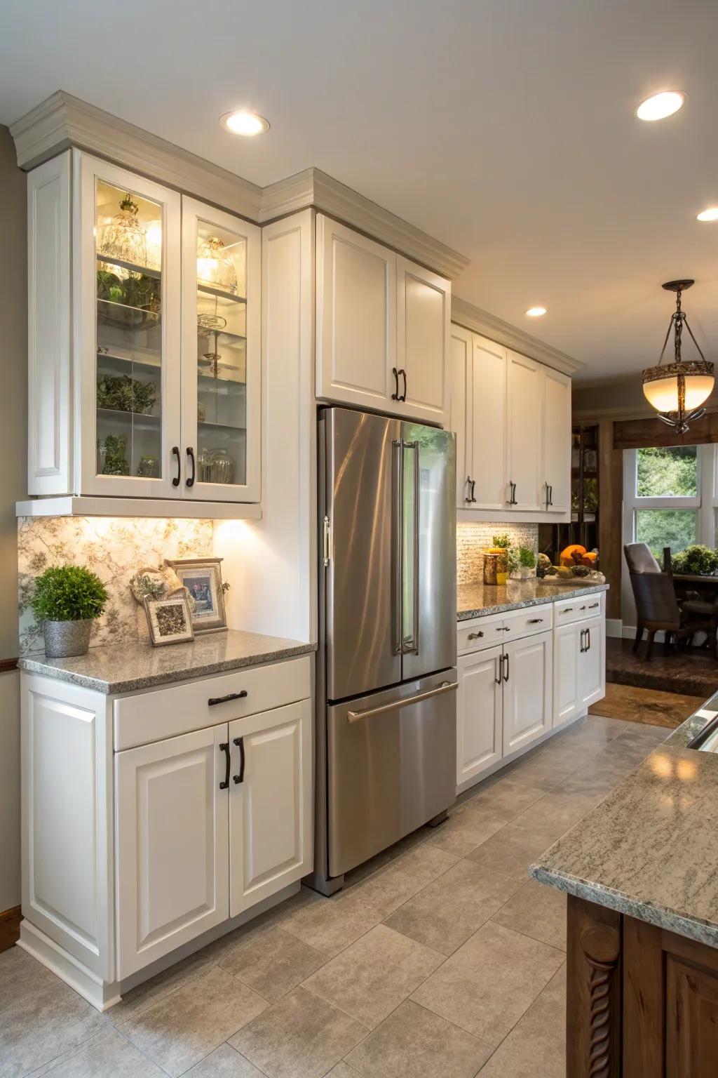 Custom cabinets above the fridge provide a tailored and harmonious appearance.
