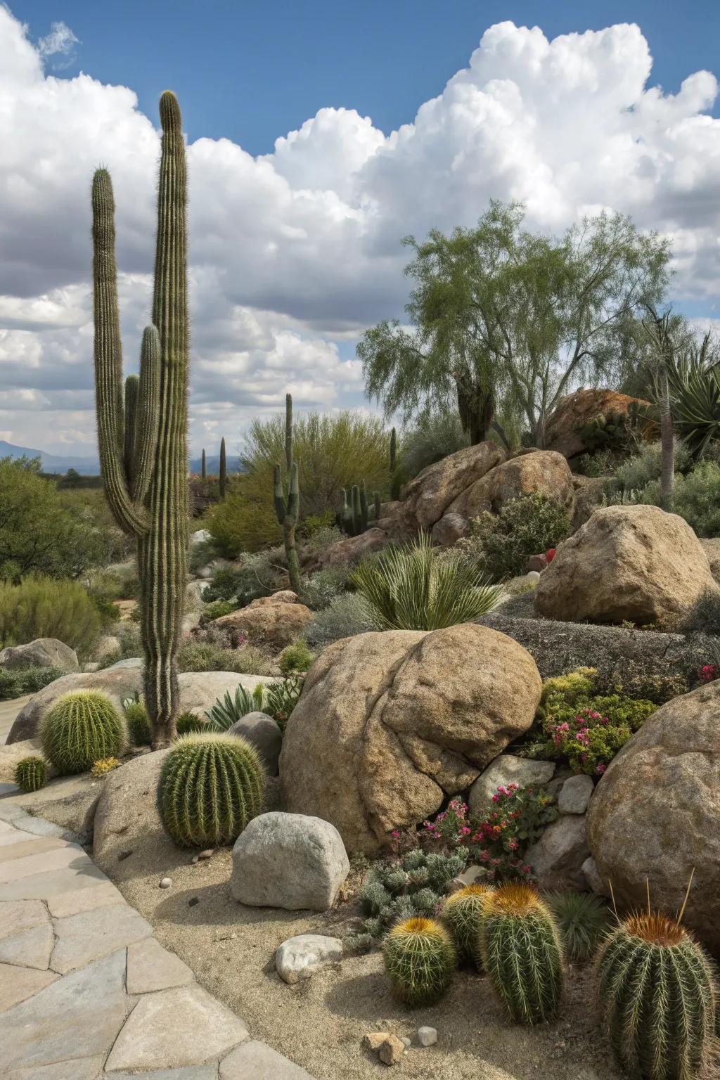 A rocky sanctuary featuring cacti nestled within stones.