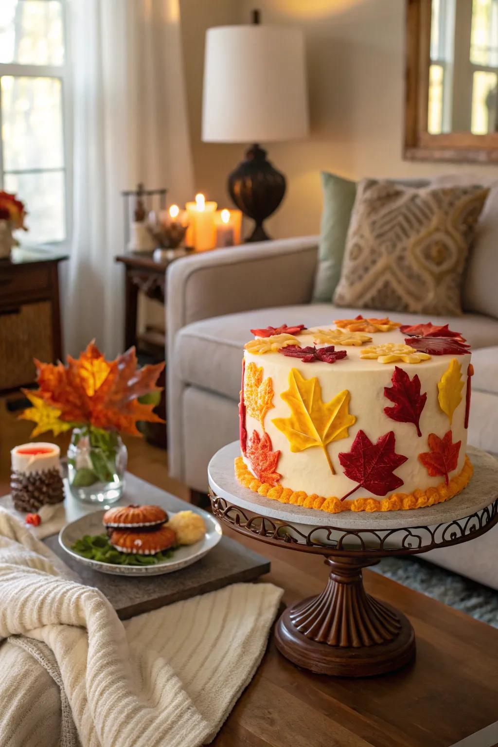 A seasonal buttercream dessert using fall shades and patterns