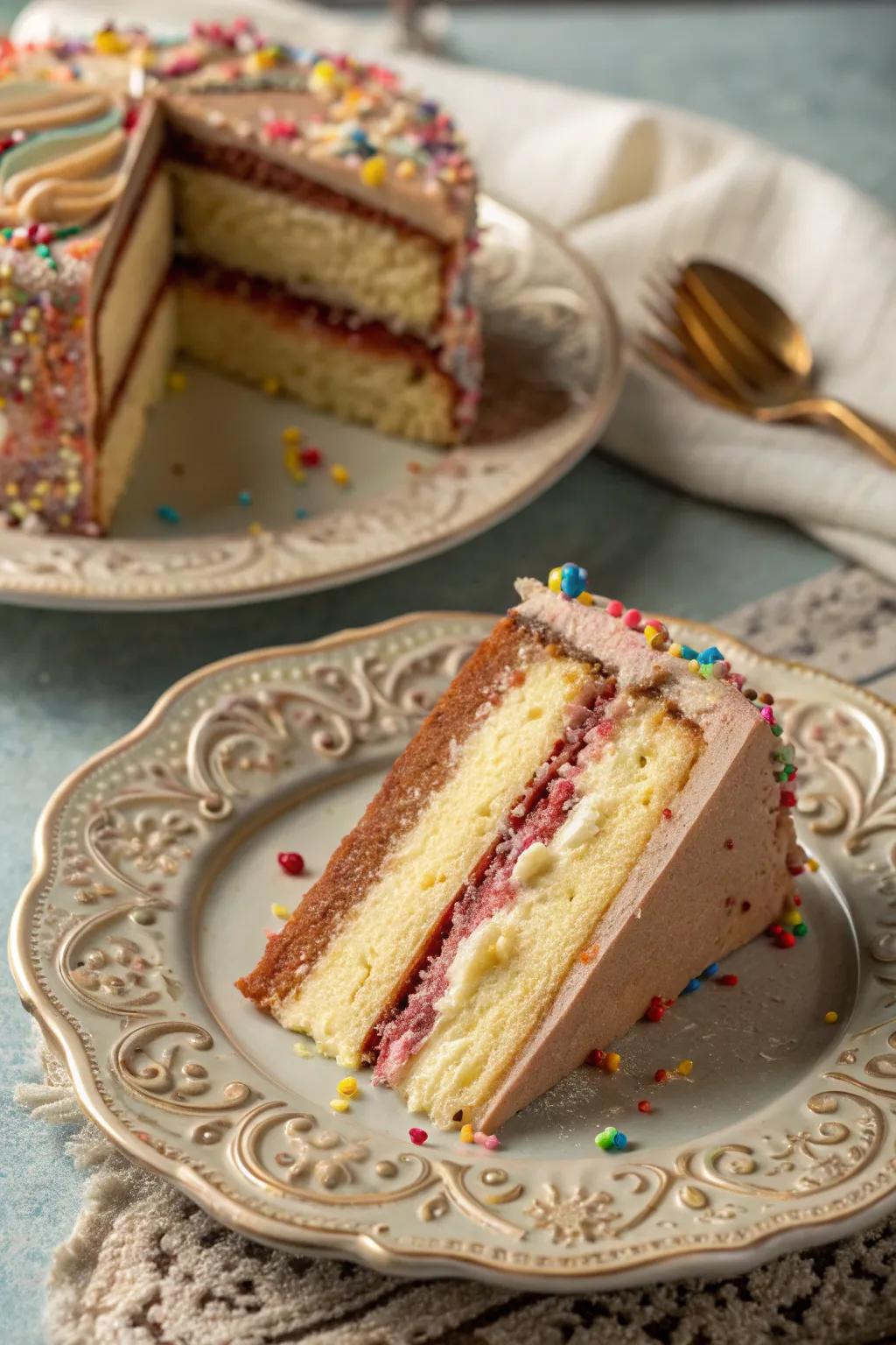 Layering introduces a dynamic and sophisticated element to your cake plating.