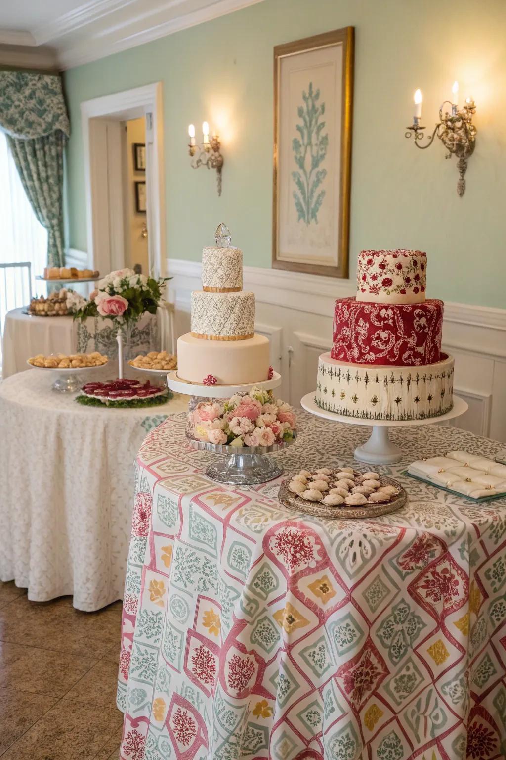 A dessert showcase with matching fabrics, enhancing the overall aesthetic with coordinated shades.