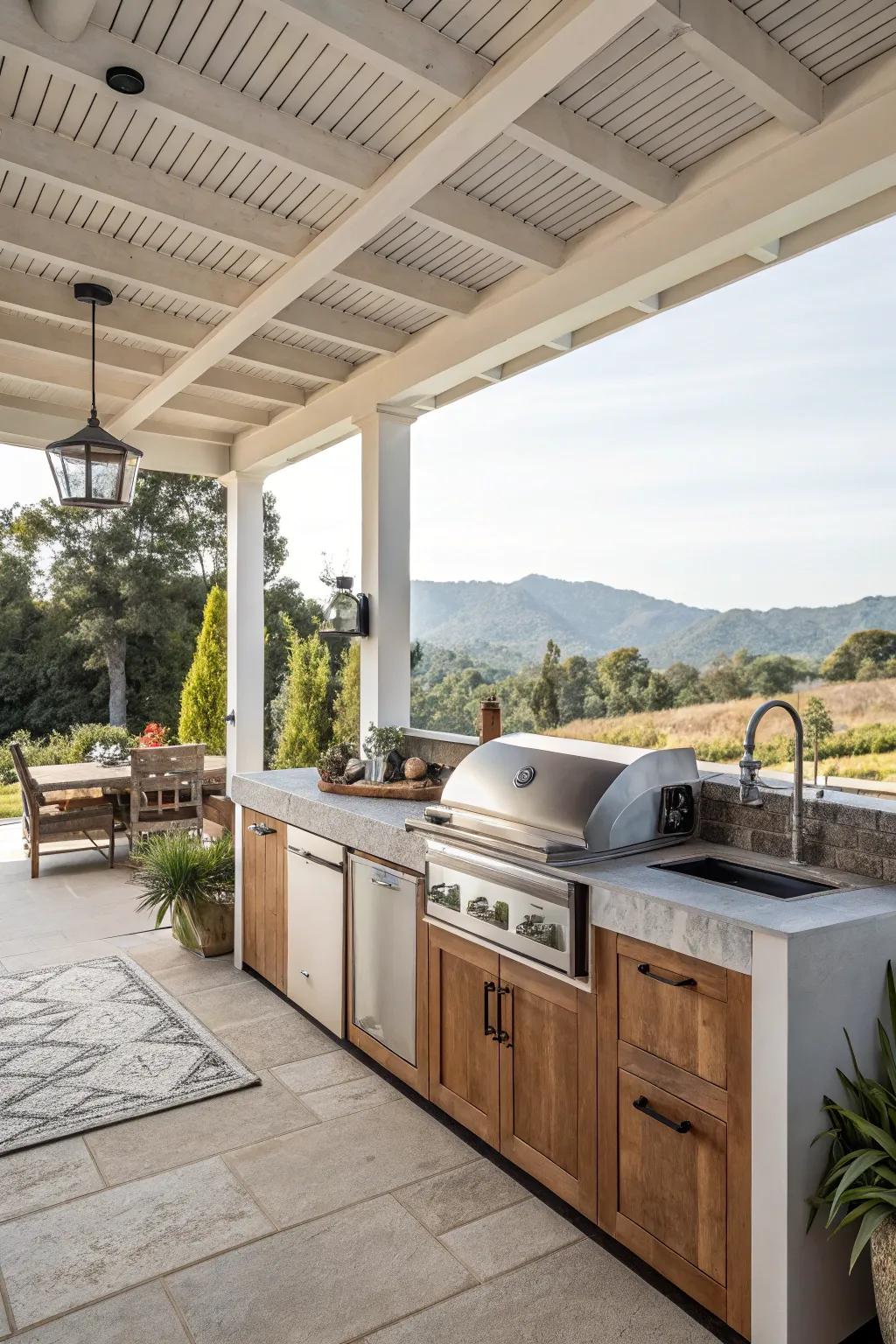 Outdoor kitchen in a California room for alfresco dining.