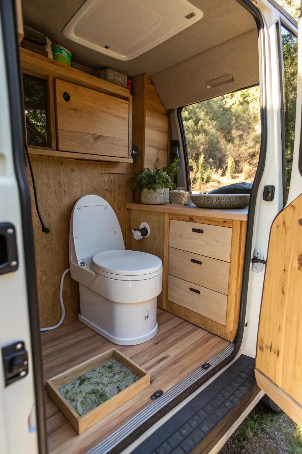 An eco-friendly composting toilet setup in a camper van.