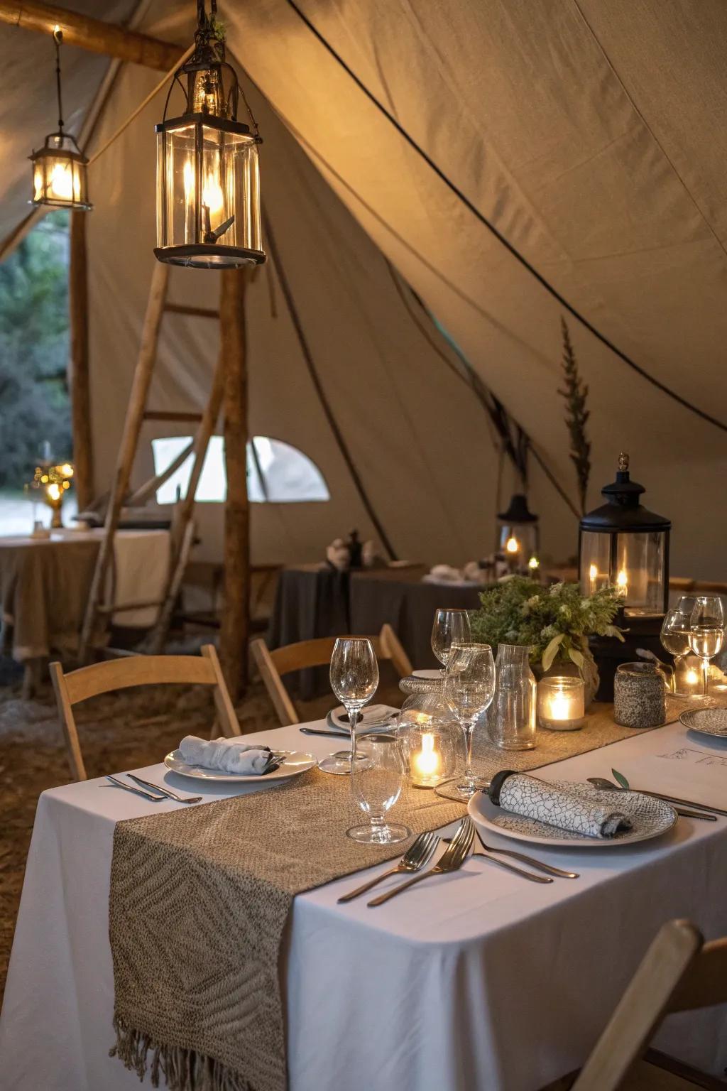 Improve your tent with a functional and elegant table setup.