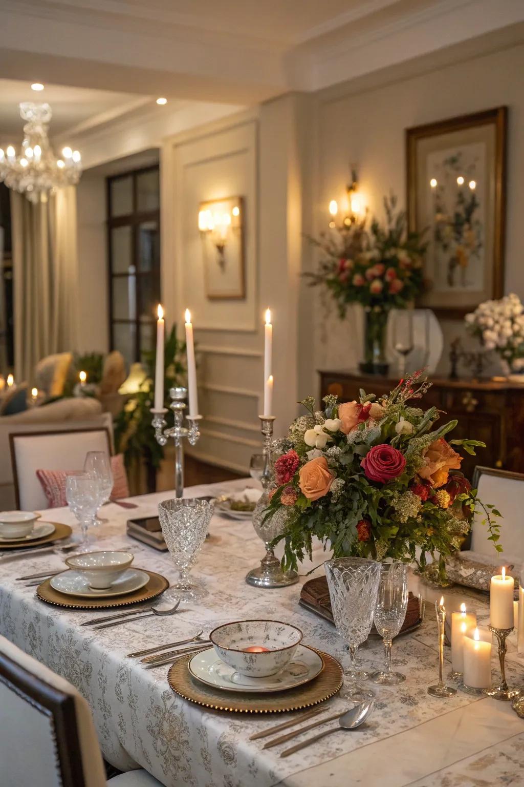 The glow of lights enhances refined tablescapes.