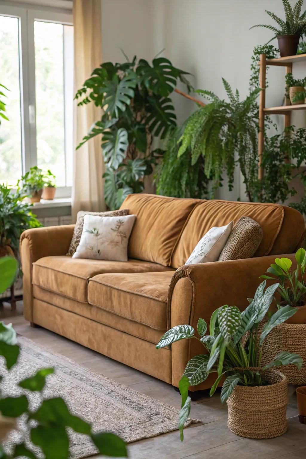Greenery infuses vibrancy into a honey-toned sofa lounge.
