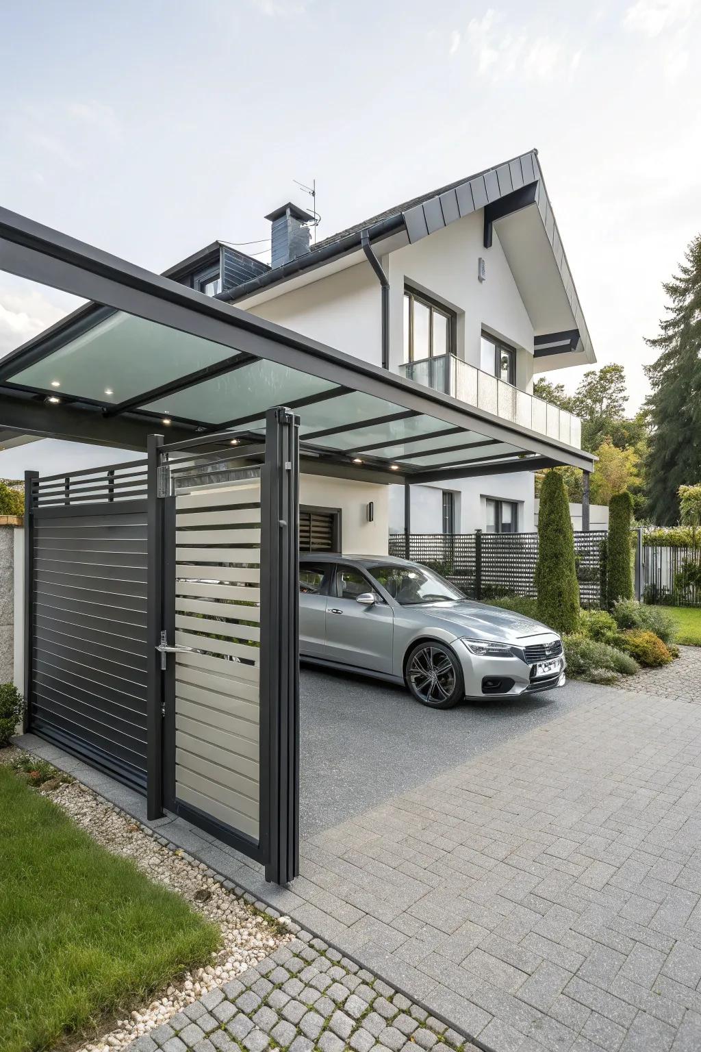 A modern carport featuring automated entrances for supreme convenience and safety.