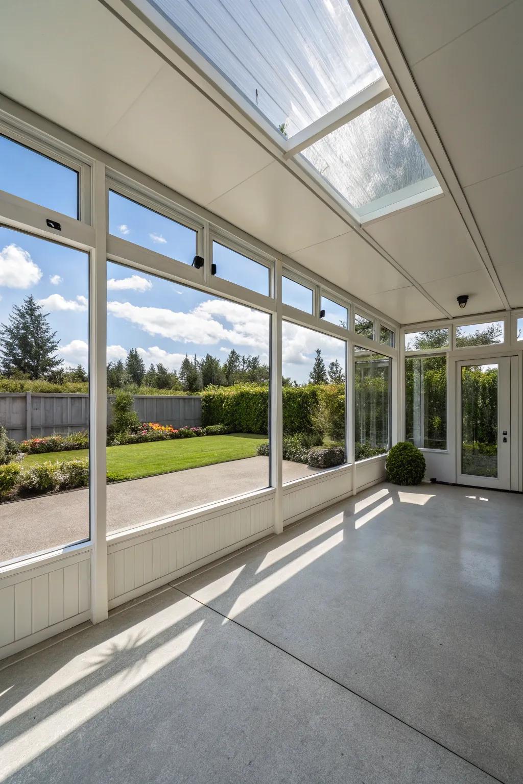 A bordered carport with extensive protection and natural illumination.