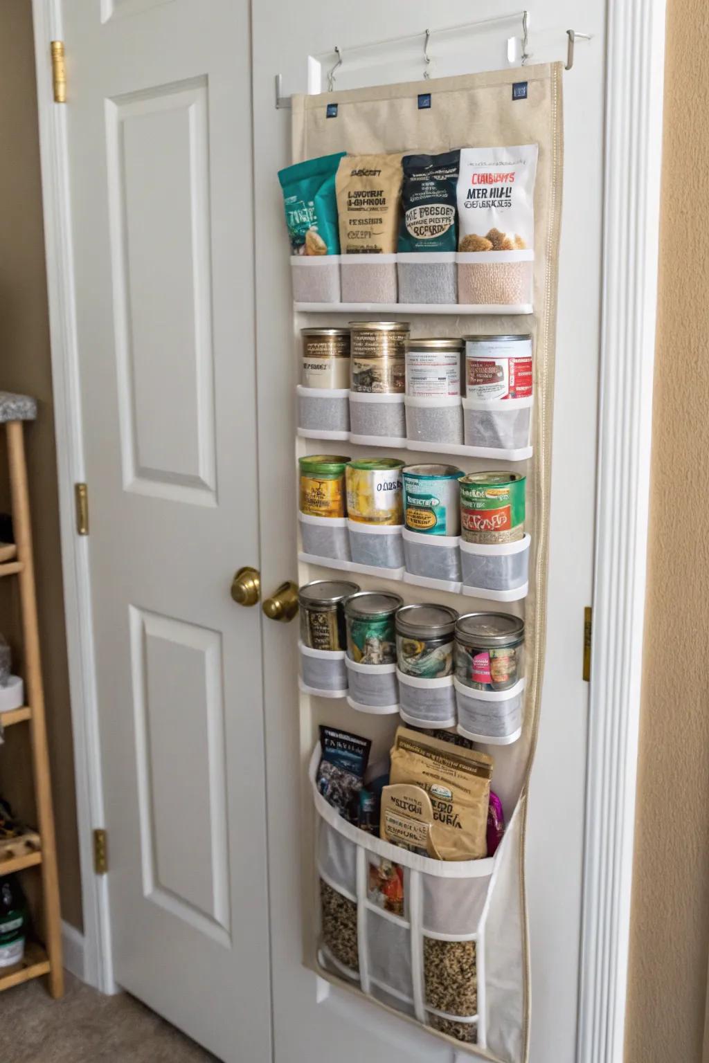 A space-saving hanging organizer for feline food provisions.