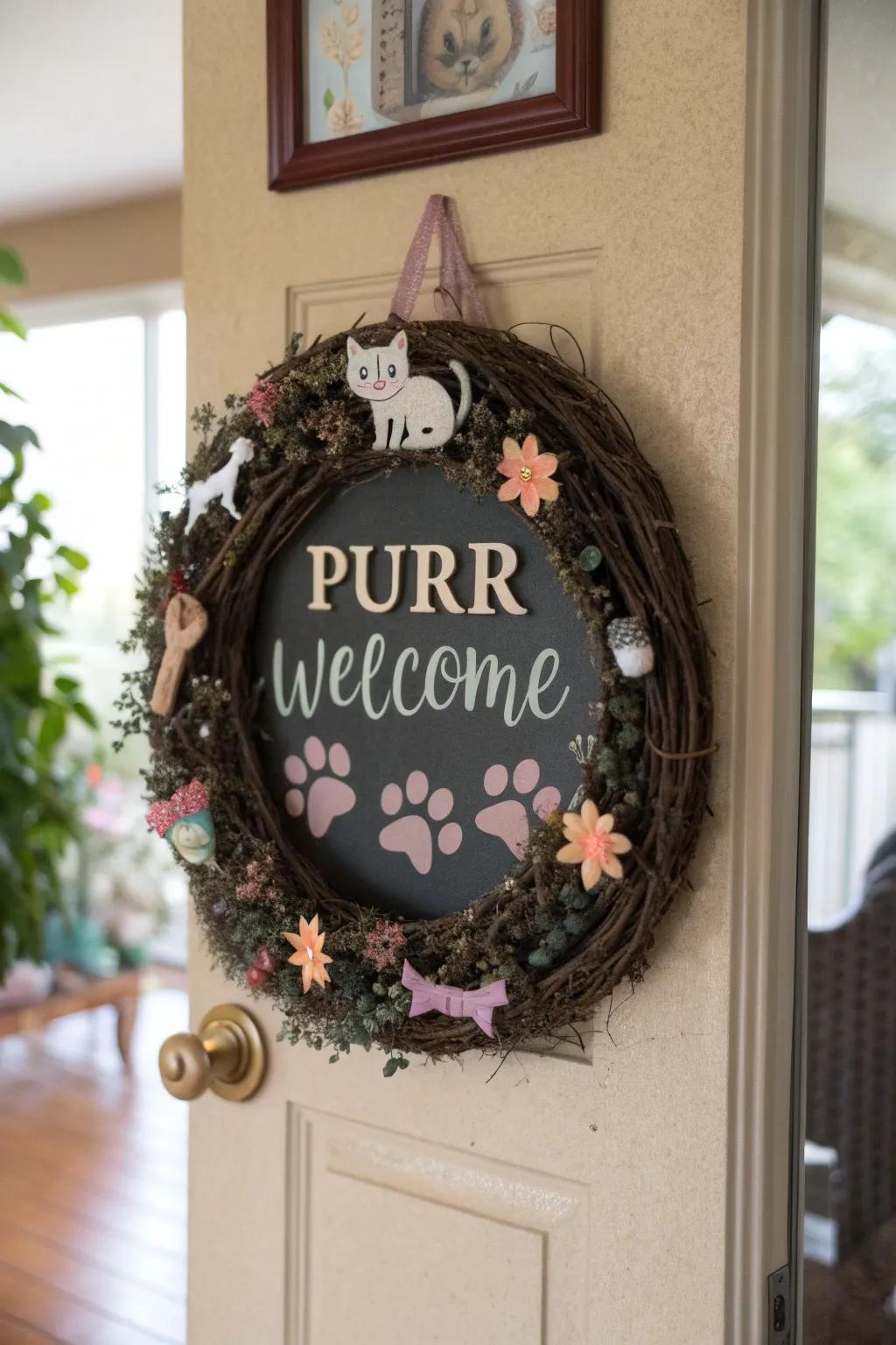 A personalized verbal art feline wreath for warm welcomes.