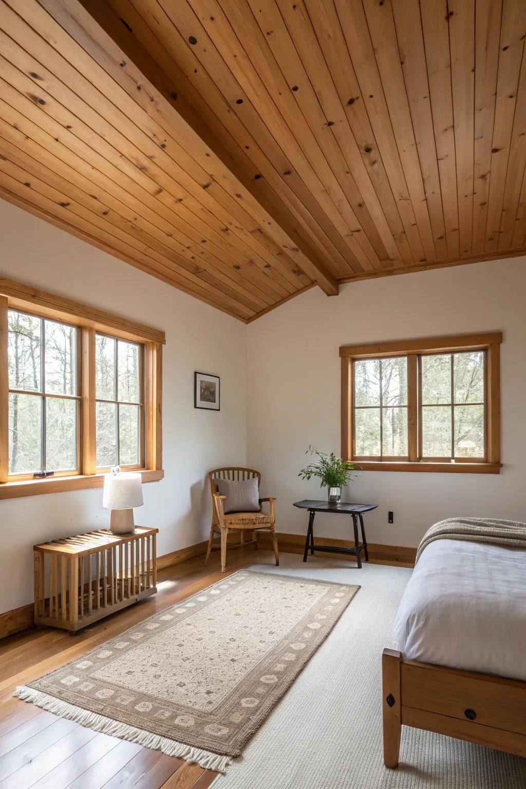 A minimalist chamber with a wooden ceiling, underscoring simplicity and warmth.