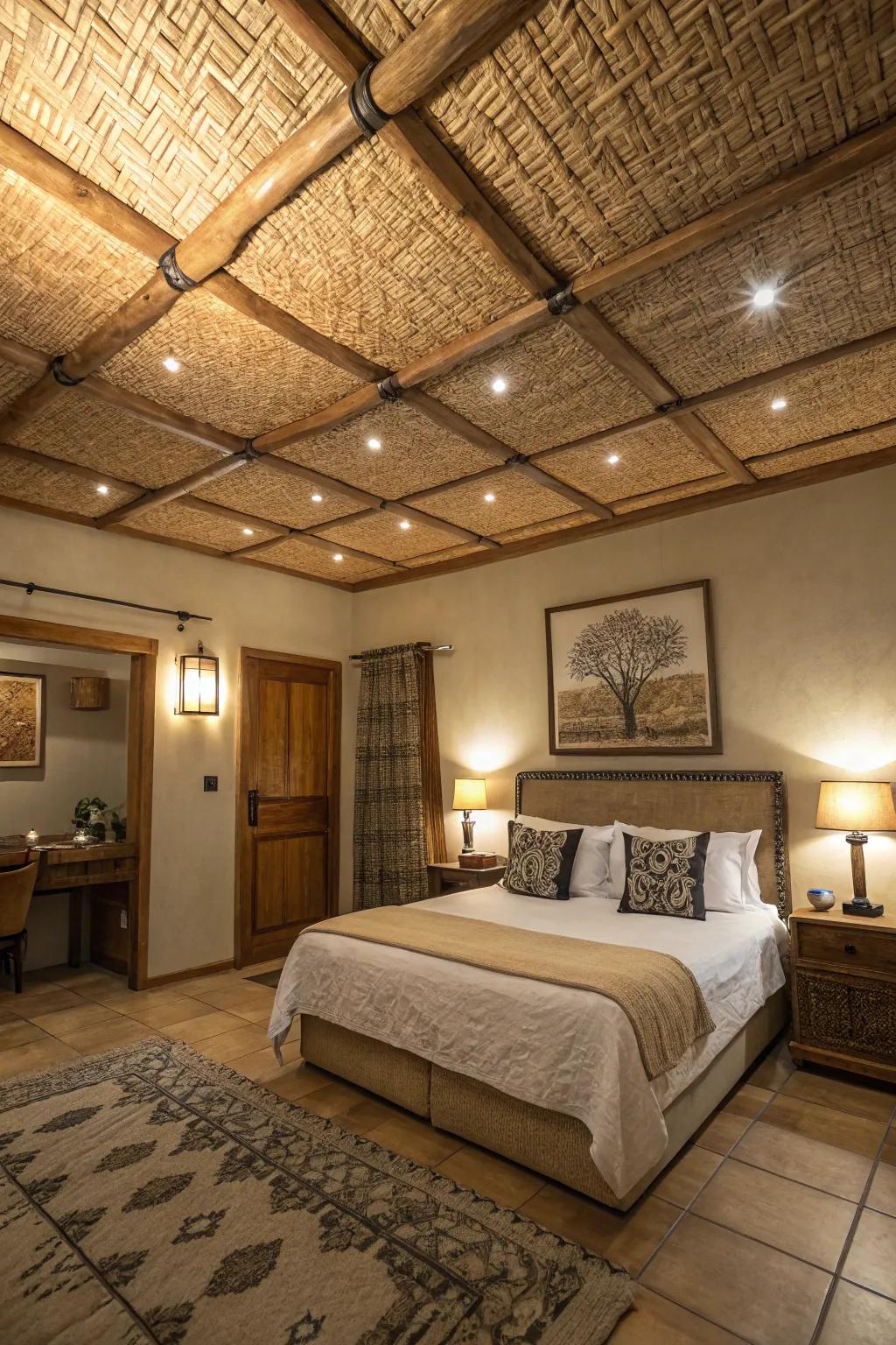 Natural elements in ceiling panels create a rustic elegance.