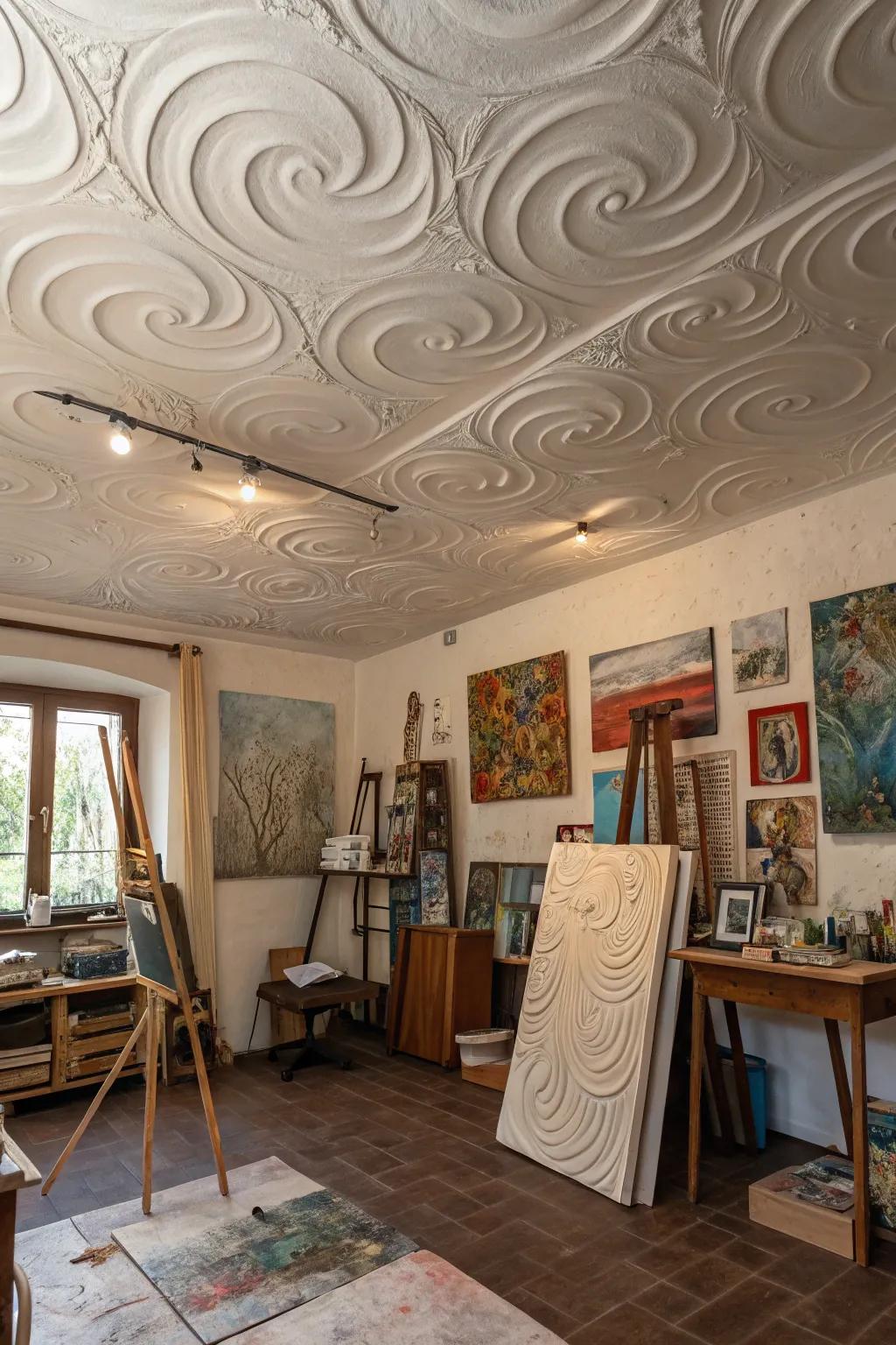 Impart a sense of flow and an artistic spirit with a swirled ceiling texture.