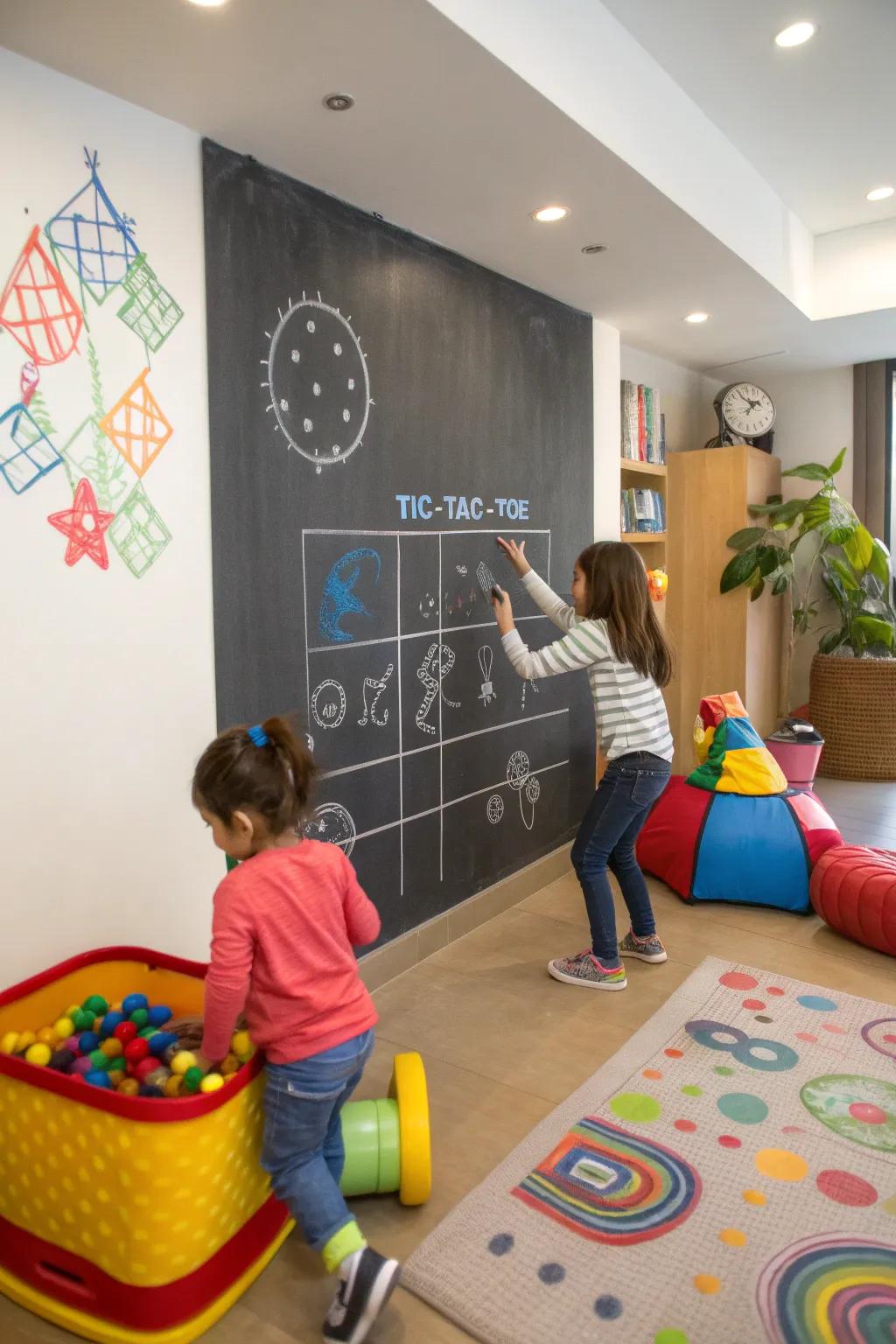 An interactive chalkboard game wall for enjoyment and learning.