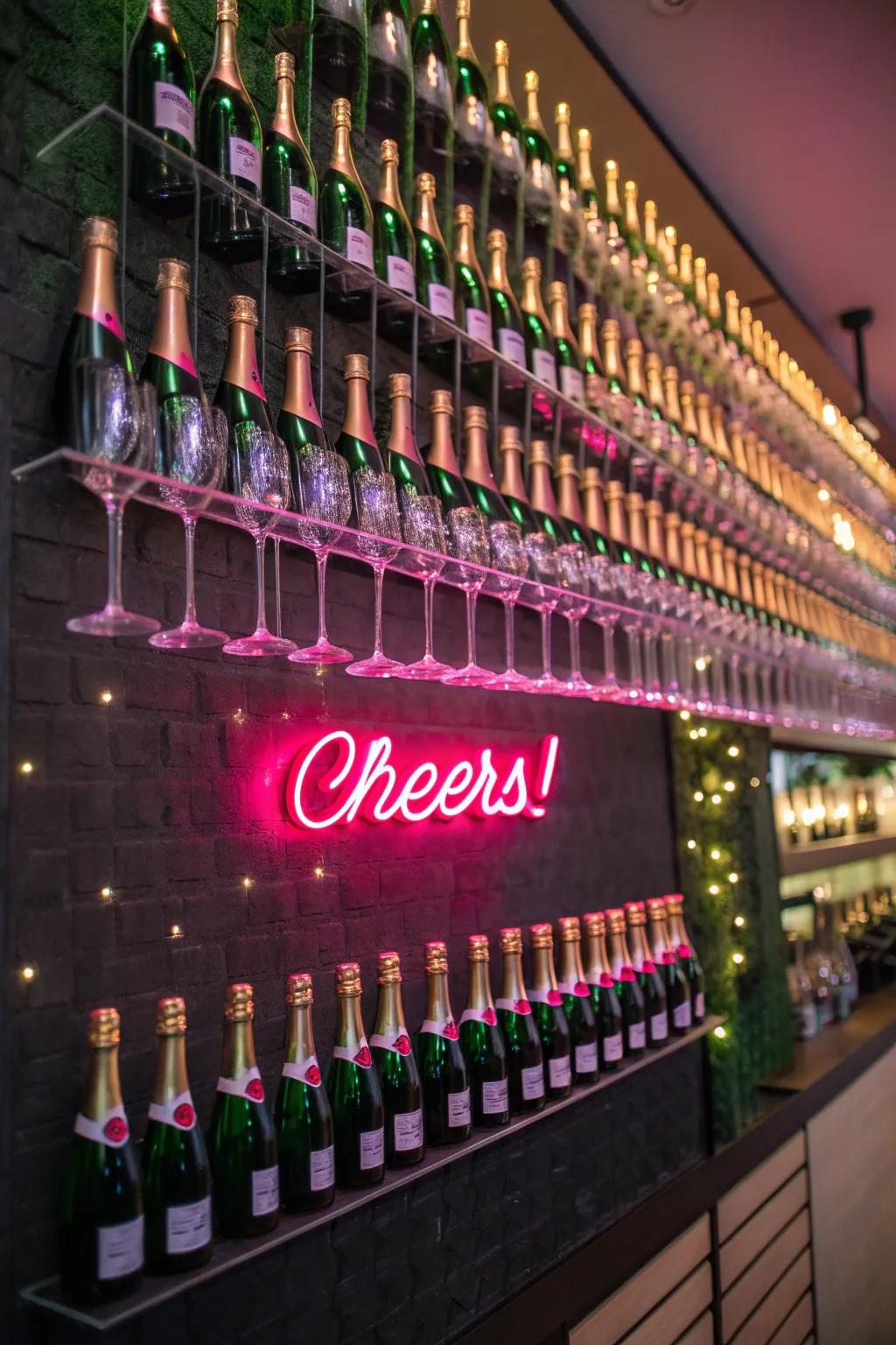 Neon lamps add a modern twist to this sparkling beverage display.