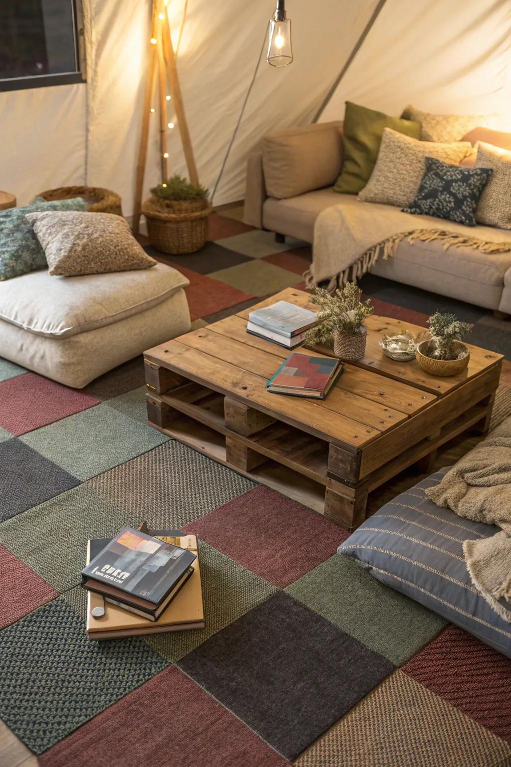 Carpet squares: blend and match for an individual touch.