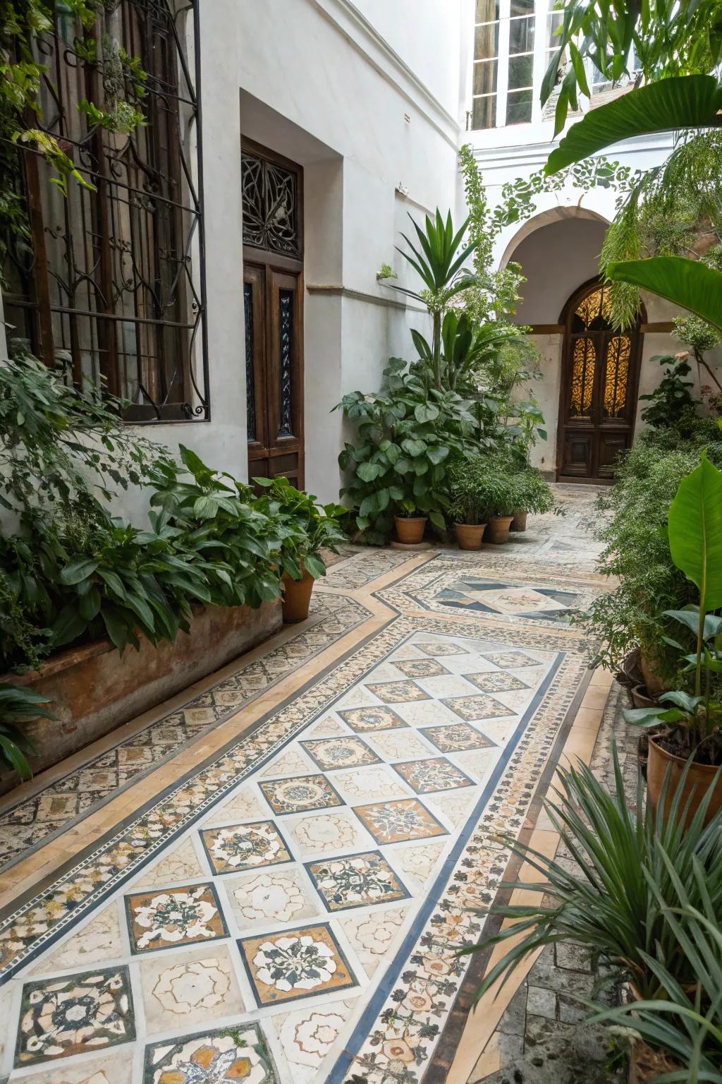 Ornate tiles incorporating creative flair to the patio.