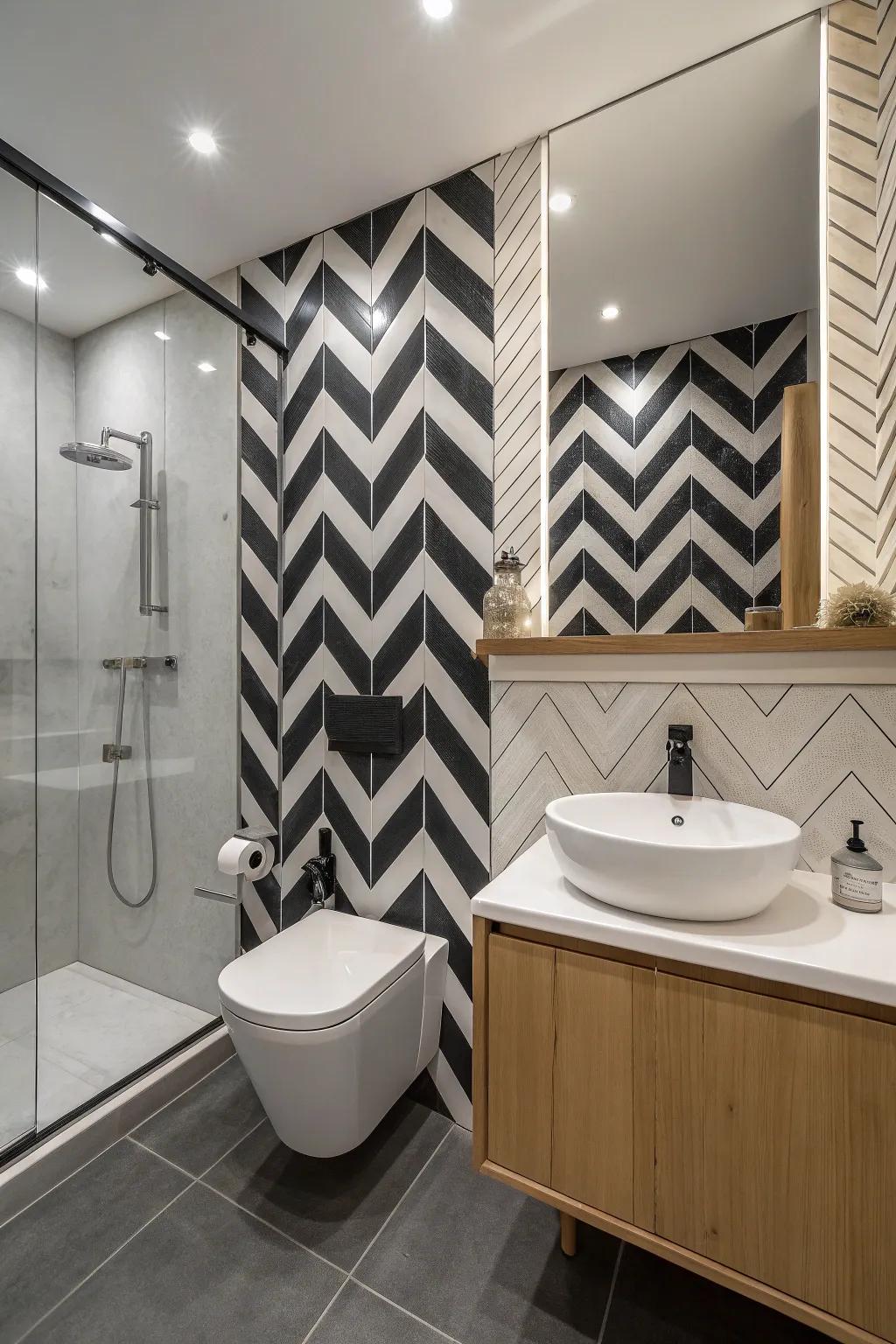 In this elegant bathroom, striking monochrome tone zigzag layout tiles create a dramatic statement.
