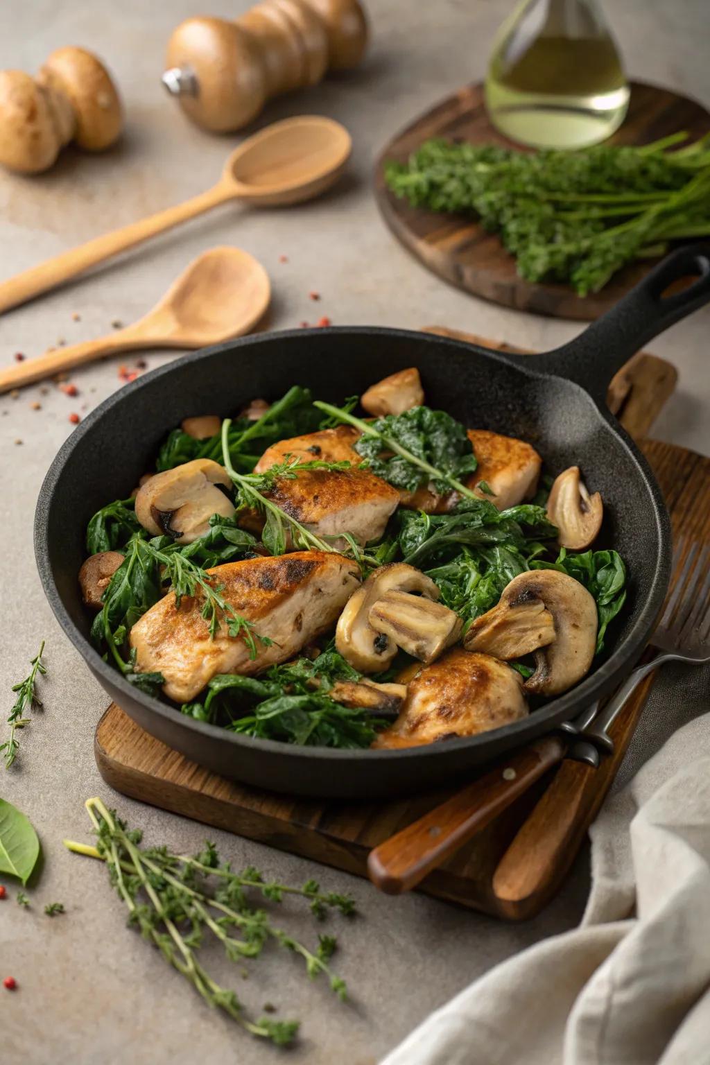 Chicken, spinach, and fungi sauté, a robust repast.