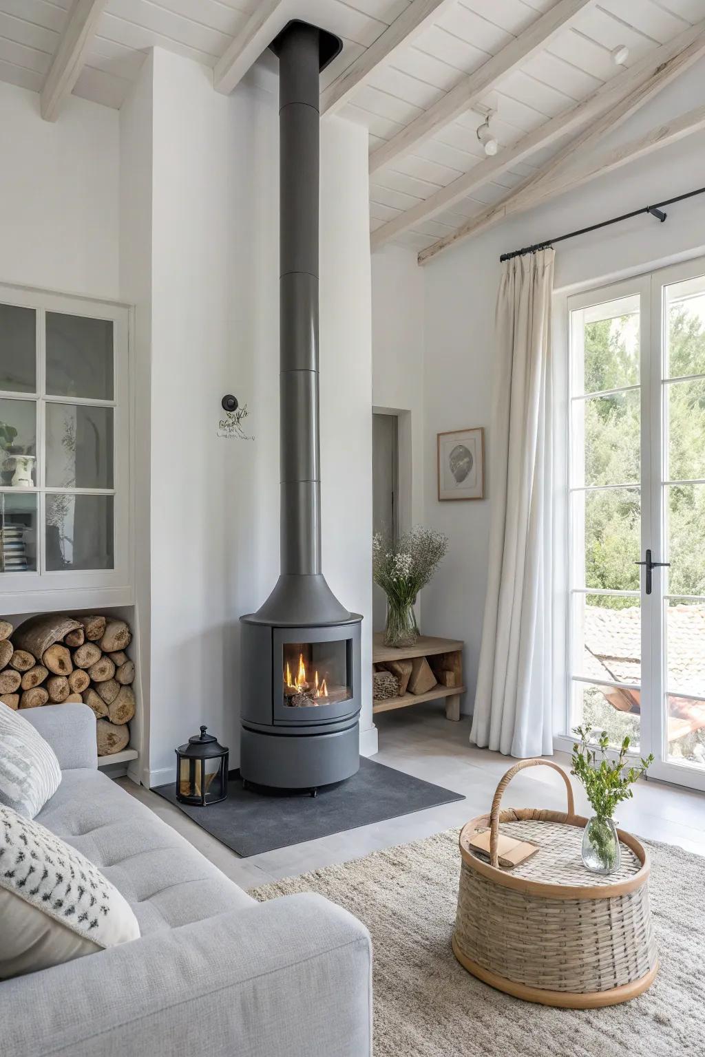 A refined silver chimney complements a minimalist, contemporary design.